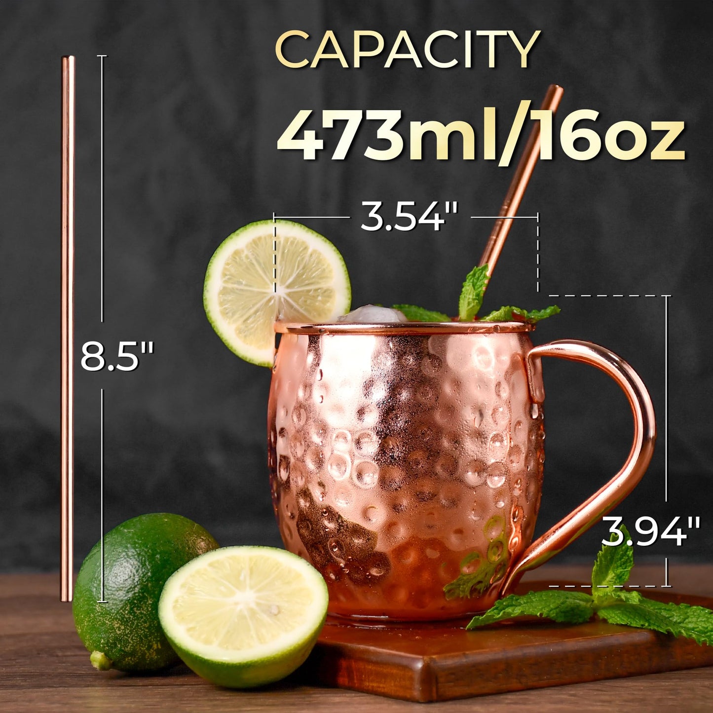 Moscow Mule Copper Mugs - Set of 4 100% Handcrafted Solid 16 oz Copper Mugs with 4 Copper Straws, 1 Stirring Spoon, 1 Copper Shot Glass, 1 Straw Cleaning Brush,Ideal Christmas Gifts for Men Women