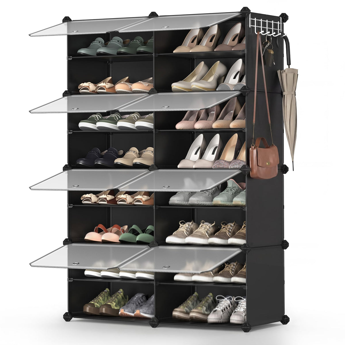 SONGMICS Shoe Rack Organizer, Shoe Storage Cabinet for Closet and Entryway, Adjustable, Steel Frame, Plastic Panel, 8 Cubes, Ink Black + Transparent