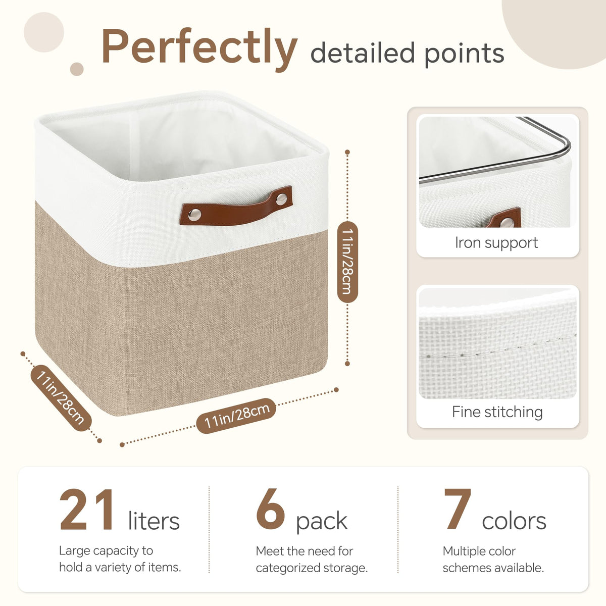 FinishingBo Cube Storage Baskets 6 Pack, 11x11 inch Foldable Cube Storage Bins with Leather Handles for Shelf Closet (White/ Khaki-6 Pack)