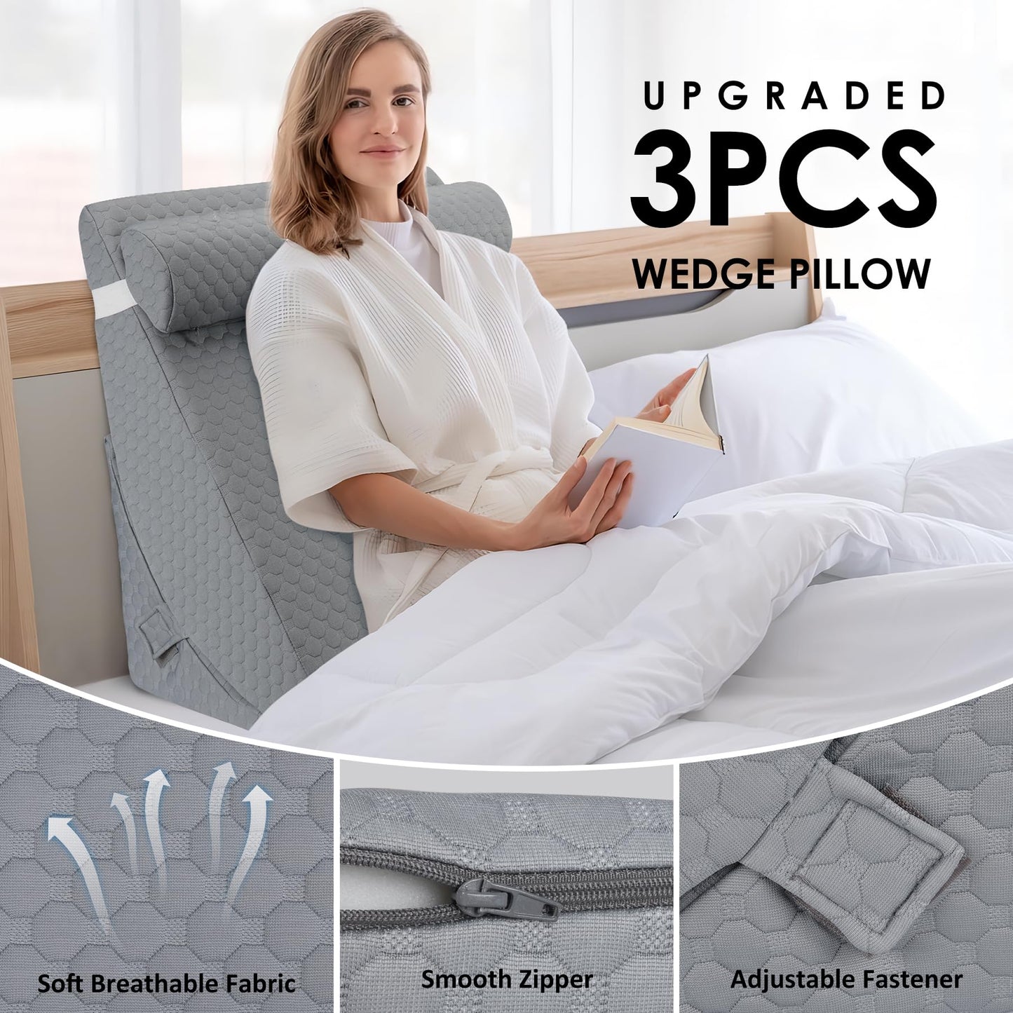 Bed Wedge Pillow for Sleeping, Adjustable 7 &12 Inch Foam Wedge Pillow for Post Surgery, Elevated Triangle Pillow for Acid Reflux, Back Pain Relief, Leg Support，3pack