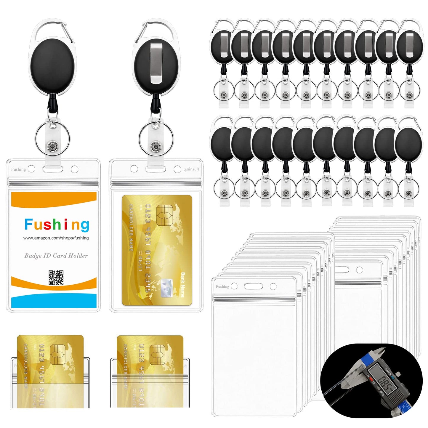 Fushing 20 Pack Retractable Badge Holders, Heavy Duty Double ID Card Badge Holder Clear Vertical PVC with Waterproof Type Resealable Zip, Single Layer Thickness 0.4mm