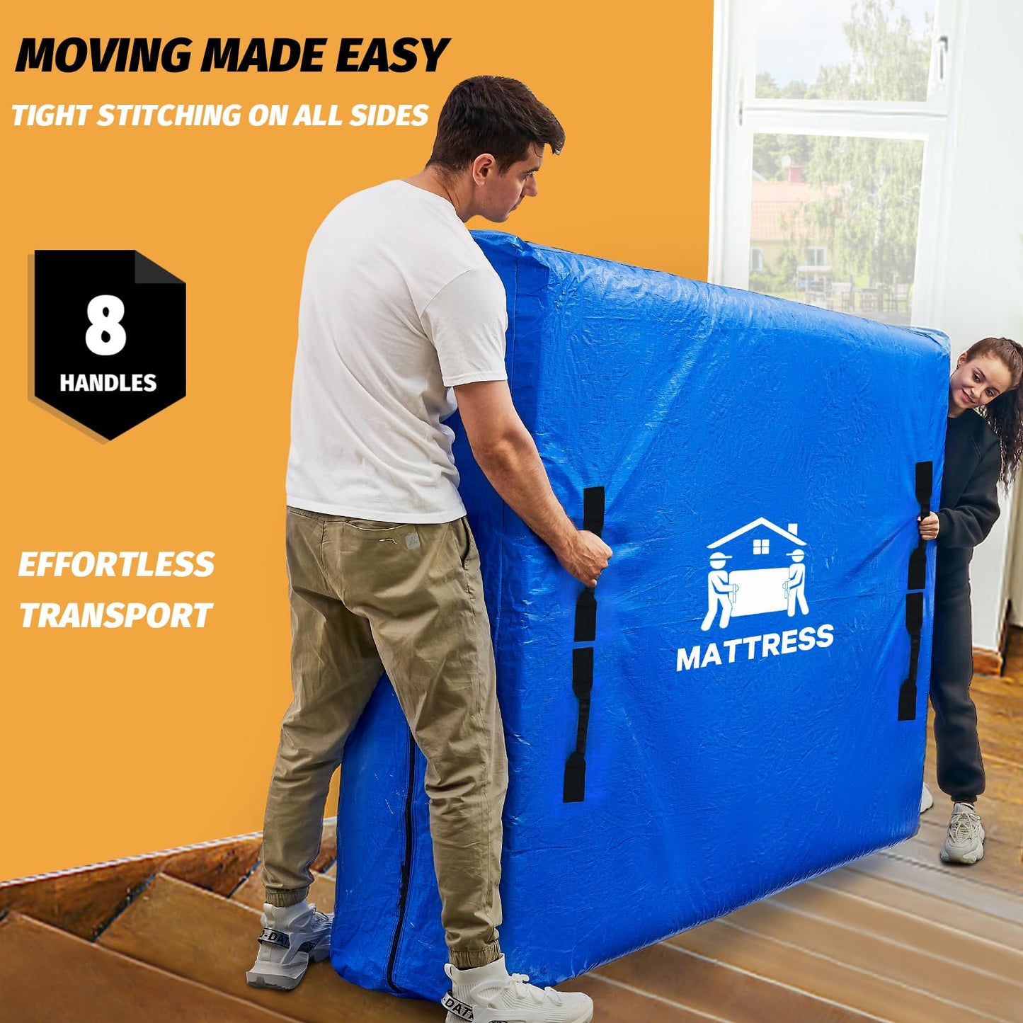 Mattress Bag for Moving, BETU Waterproof Mattress Protector Mattress Cover (Queen) Storage Bags with 8 Heavy-Duty Handles and Zipper for Bed Extra Thick Large Reusable (82"x62"x15" Blue)