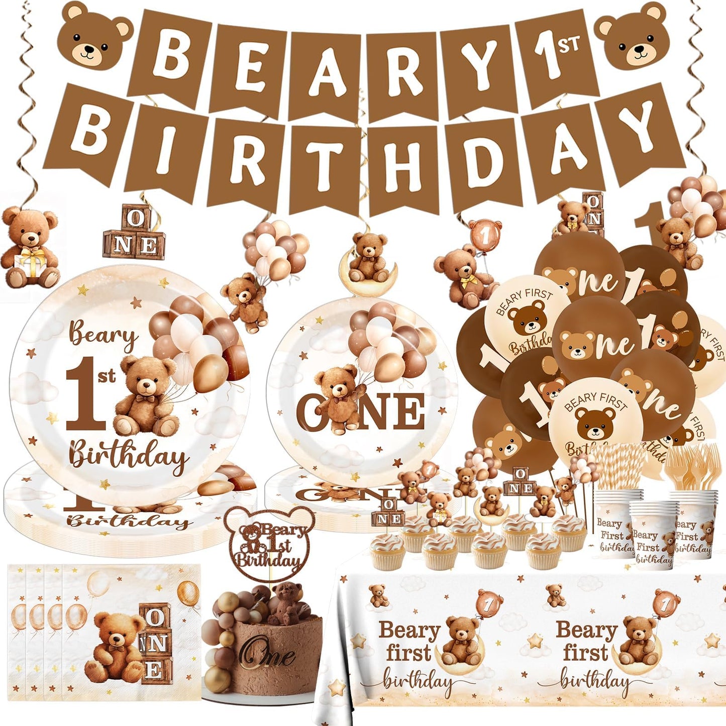 189Pcs Beary First Birthday Party Decorations for Boy,Brown Beary 1st Birthday Theme Tableware Teddy Bear One Year Old Disposable Plates Napkin Tablecloth Spiral Banner Balloon Cake Topper,Serve 24