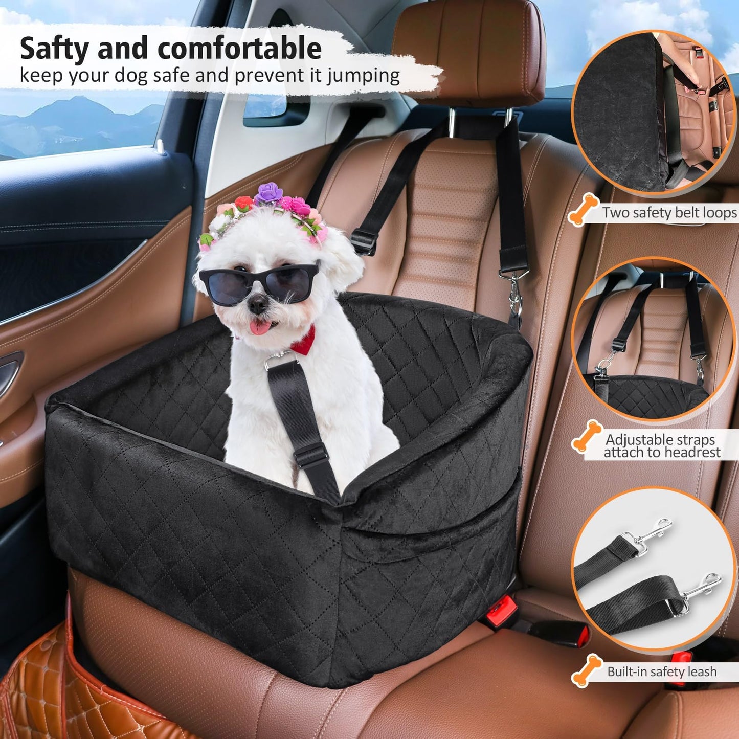Dog Car Seat for Small Medium Dogs,Detachable Washable Dog Booster Seat Under 35lbs, Pet Car Seat Travel Bed with Storage Pockets and Dog Safety Belt (Black)