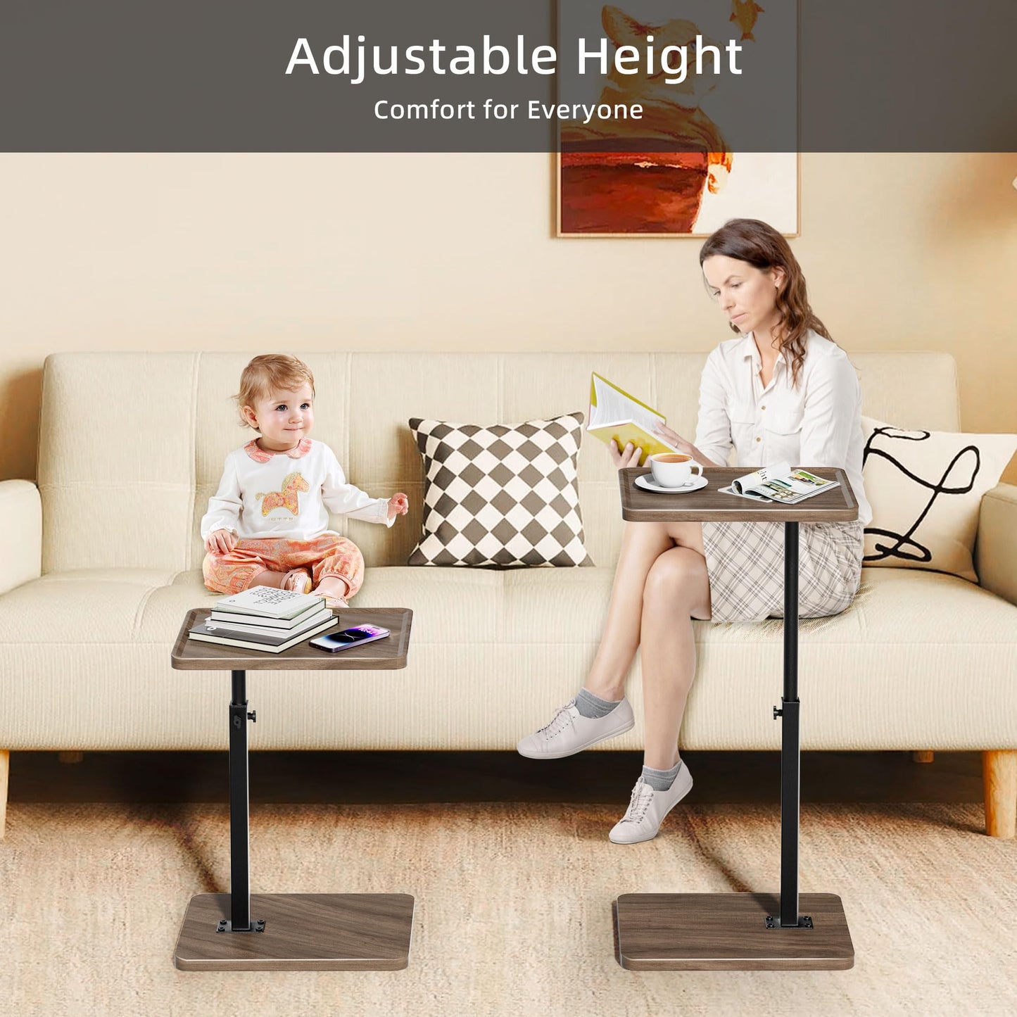 LAKEMID TV Sofa TrayTable Set of 2, 360° Swivel Side Table,Height Adjustable TV Tray, C Shaped Snack End Table for Couch, Bed, Small Living Room Table,Rustic Brown