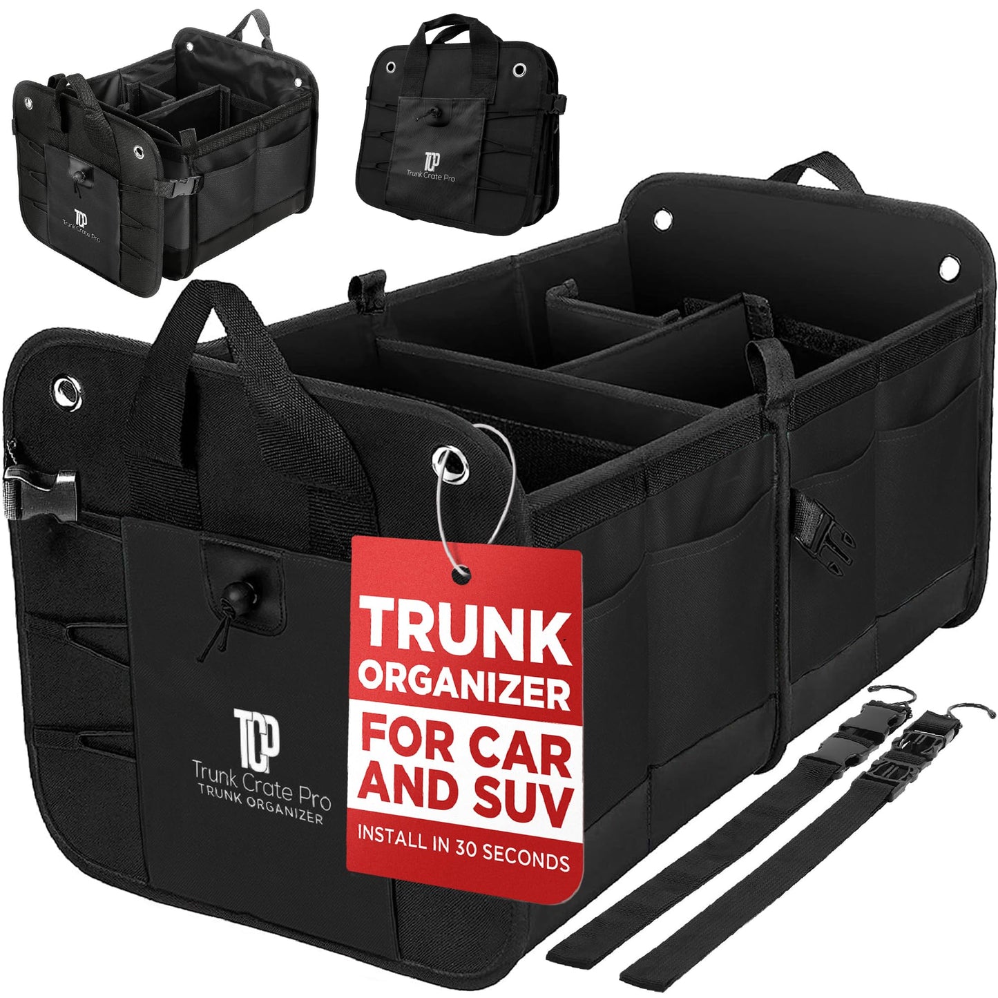 Trunk Organizer for SUV - Car Accessories, Back Seat Car Organizer, Trunk Car Organizer - Car Essentials | Premium Adjustable Multi 4 Compartments Design - Gift for Men and Women (Large, Black)