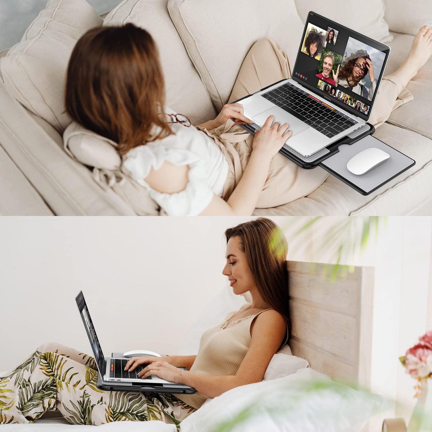 AboveTEK Portable Laptop Lap Desk w/Retractable Left/Right Mouse Pad Tray, Non-Slip Heat Shield Tablet Notebook Computer Stand Table w/Sturdy Stable Cooler Work Surface for Bed Sofa Couch or Travel