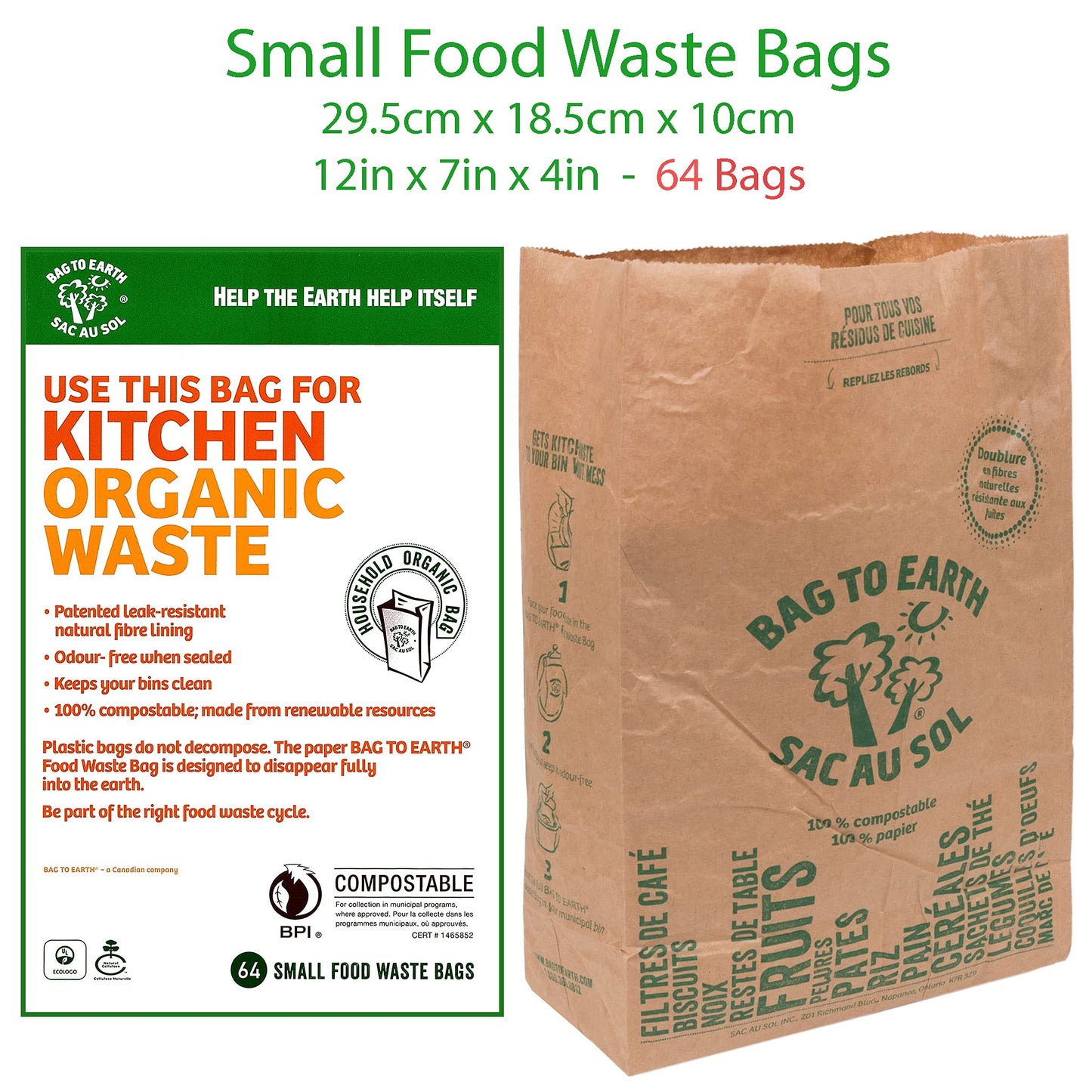 Bag to Earth -Kitchen Food Waste Bag, Set of 2 - Compostable, Leak-Resistant, 3.0 Gallons, 60 Count