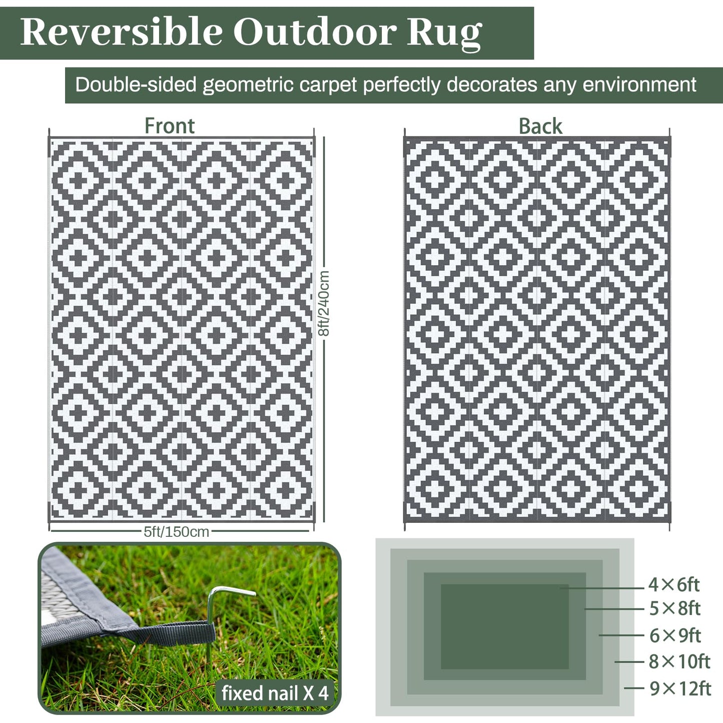 Mokani Reversible Outdoor Rug 5x8ft Waterproof, Geometric Anti-Slip Plastic Straw Outdoor Carpet Mat, UV Resistant Patio Rugs Tapis Exterieur for Garden, RV, Deck, Camping, Picnic