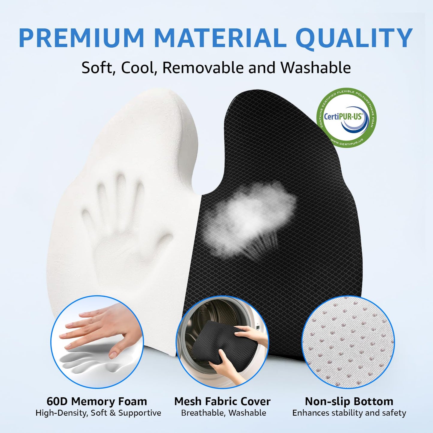 Comfortable Seat Cushions for Office Chairs, Coccyx Cushion for Tailbone Pain Relief - 19" W x 17" Extra Large Ergonomic Memory Foam Chair Seat Cushion with Removable Cover (Black and Extra Cover)