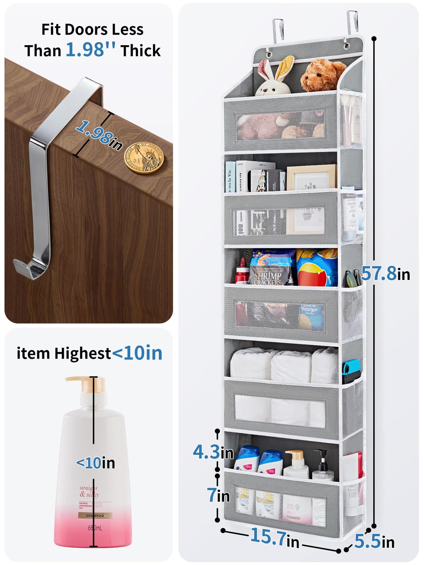 JARLINK 2 Pack Over the Door Organizer Storage, 5 Shelf Hanging Door Organizer with 5 Large Capacity Pockets, Anti Tilt 44 lb Load Behind Door Storage for Bedroom, Bathroom, Pantry, Nursery, (Grey)