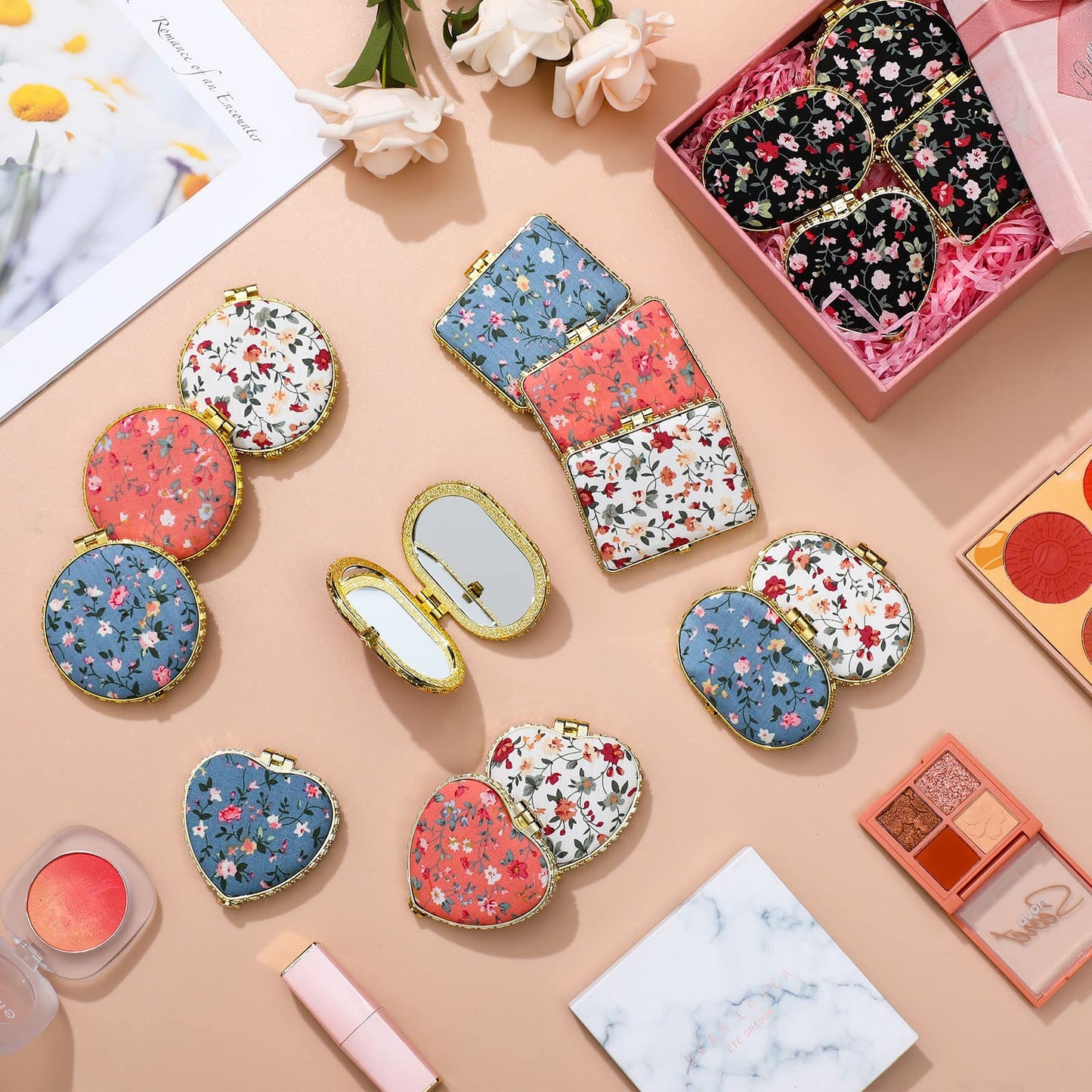 Remerry 48 Pieces Compact Mirror for Purse Small Flower Pocket Mirror Portable Floral Retro Folding Tea Party Favors Makeup Travel for Women Mother (Stylish Style)