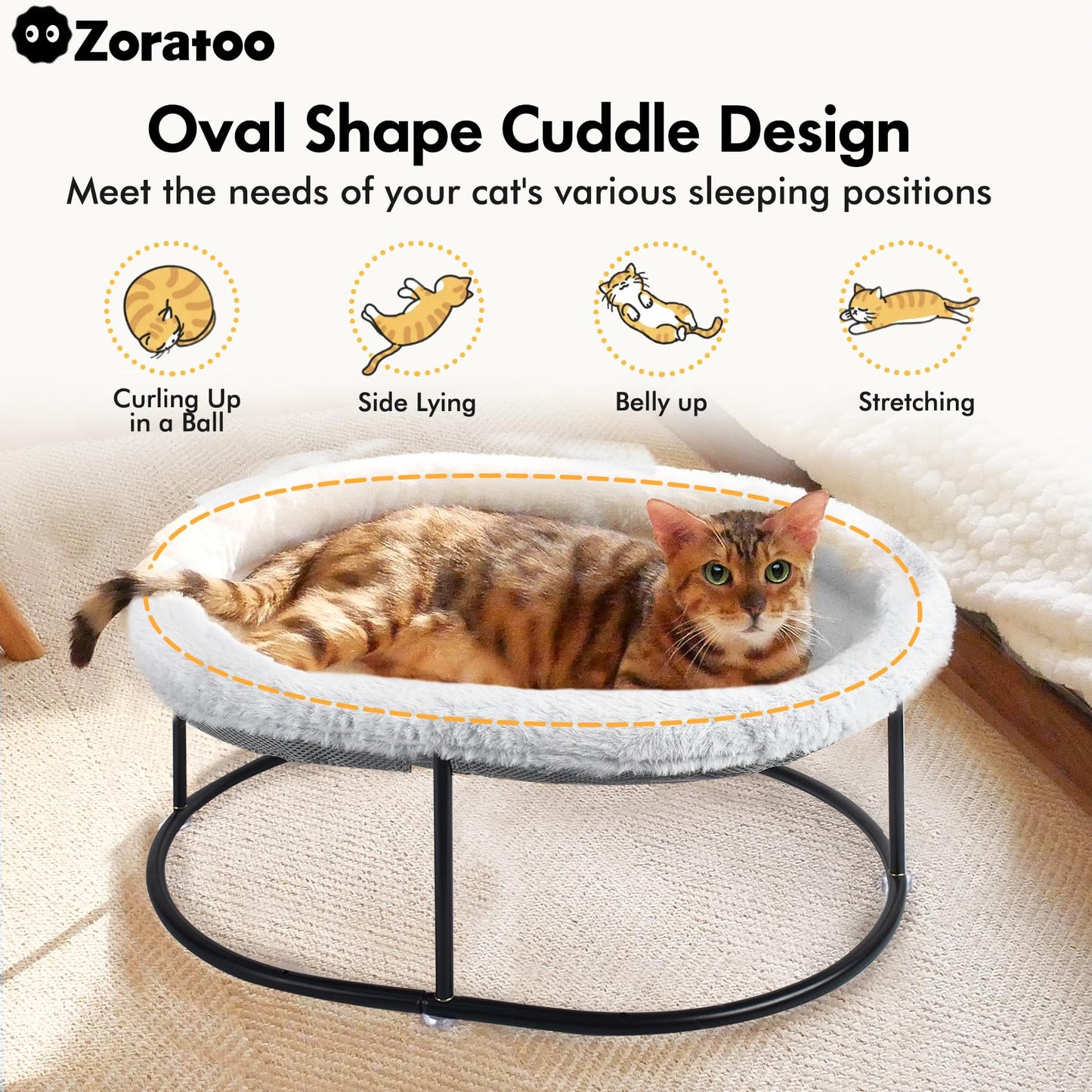 Zoratoo Elevated Cat Hammock Bed for Indoor Cats, Fluffy Warm Cuddle Cat Bed with Detachable Pad Bed Cover, Raised Pet Bed Cuddler for Sleeping Kittens, Small Dog, Oval Cat Hammock Grey