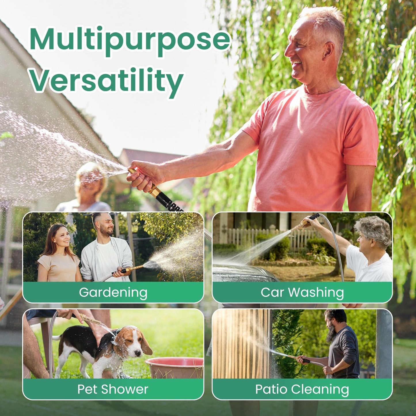 Cesun 50 Feet 304 Stainless Steel Metal Garden Hose with Solid Brass Nozzle, Lightweight Portable Durable Cool to The Touch, Flexible and No Kink, Tangle Puncture Resistant (50 Feet Upgraded)