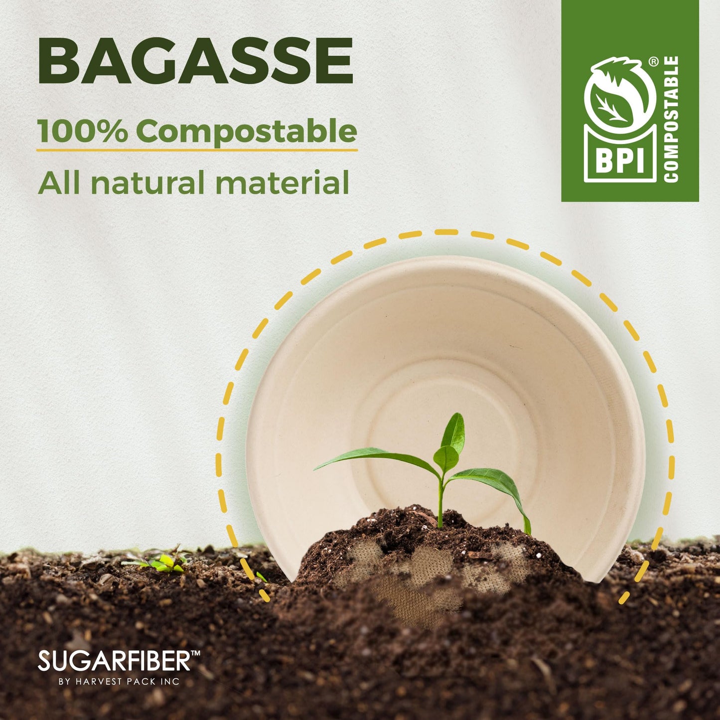 [50 Count] Sugarfiber by Harvest Pack PFAS Free 24oz Round Paper Bowls - Compostable Heavy-Duty Eco-Friendly Disposable Bagasse Bowl Sugarcane Made Plant fibers for Meal Prep