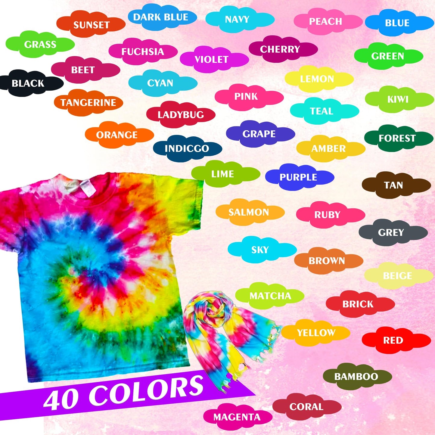 Tie Dye Kit - 40 Colors Permanent Fabric Dye with Rubber Bands, Gloves, Table Cover, Apron for Tie-Dye Art - All-in-1 Non Toxic Textile Paint Dye for DIY Shirt, Hoodie Clothing Painting