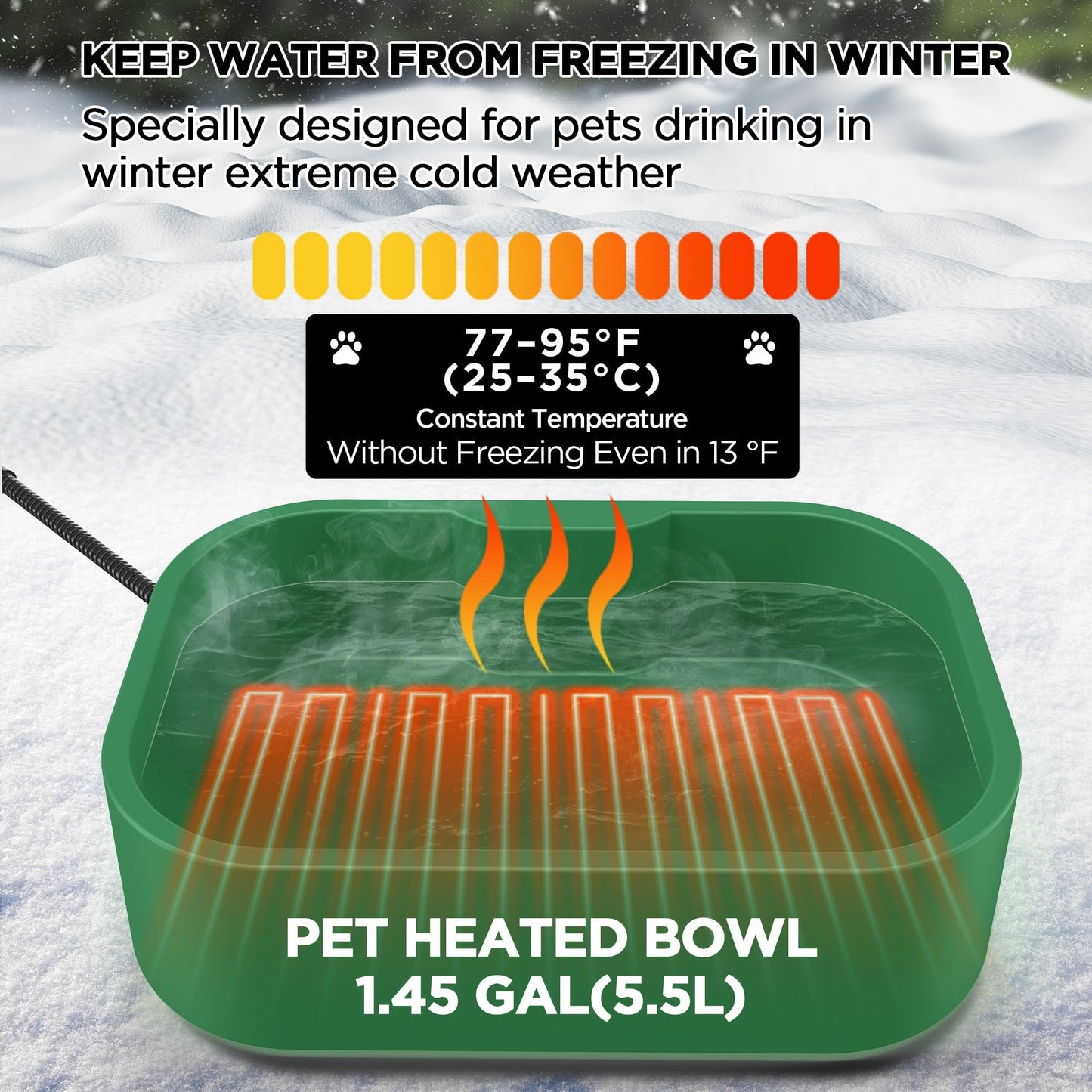 1.45Gal/5.5L Extra Large Pet Heated Water Bowl for Dog Cats Rabbit Chicken Duck Squirrel, Indoor & Outdoor Antifreezing Winter Heated Food & Water Bowl Dish, Thickened Design, BPA-Free, Plug and Play