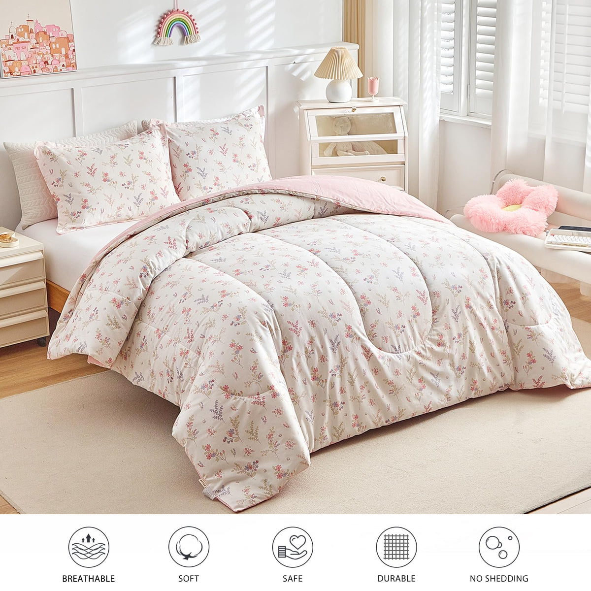 Joyreap 3pcs Cotton Comforter Set for Girls, Pink Floral Design, Twin Size Soft n Cozy Bedding Comforter Set for All Season- 68x88 inches