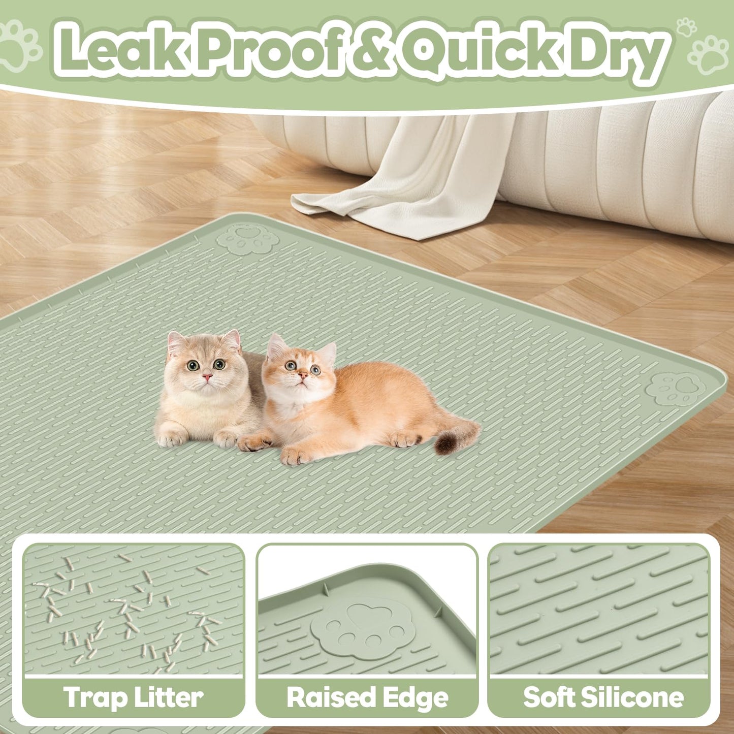 Bartuke Cat Litter Mat, Extra Large 101 x 71cm Silicone Mat Litter Trapping Mat for Scatter Control, Soft on Kitty Paws, Easy to Clean (Green)