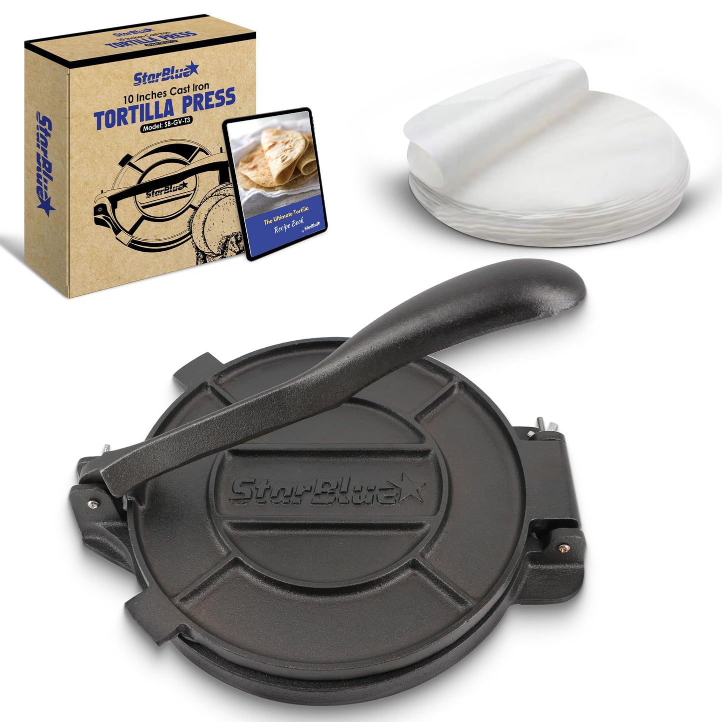 10 Inch Cast Iron Tortilla Press by StarBlue with FREE 100 Pieces Oil Paper and Recipes e-book - Tool to make Indian style Chapati, Tortilla, Roti