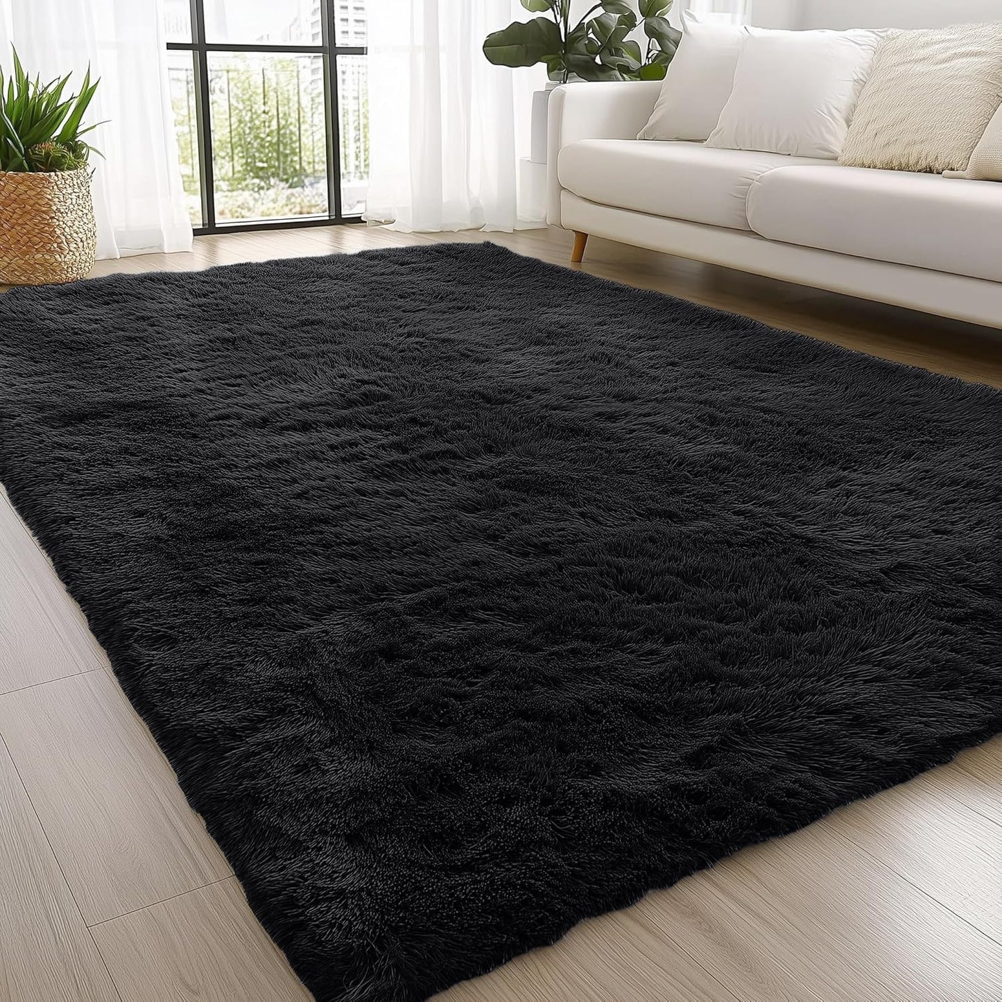 OLANLY Fluffy Area Rug for Living Room Bedroom, 4x5.9 Feet Soft Shaggy Non-Slip Carpet, Indoor Modern Plush Area Rugs for Kids Girls and Boys, Dorms, Nursery Rooms, Home Decor, Black