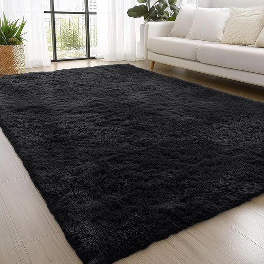OLANLY Fluffy Area Rug for Living Room Bedroom, 4x5.9 Feet Soft Shaggy Non-Slip Carpet, Indoor Modern Plush Area Rugs for Kids Girls and Boys, Dorms, Nursery Rooms, Home Decor, Black