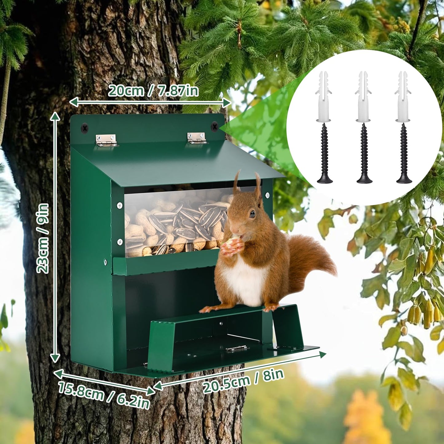 Squirrel Feeders for Outside, Metal Squirrel Feeder with Flip Lid, Large Transparent Bin, Outdoor Hanging Squirrel Feeder for Squirrel, Chipmunks, Wildlife, Great Gift for Mom & Nature Lovers