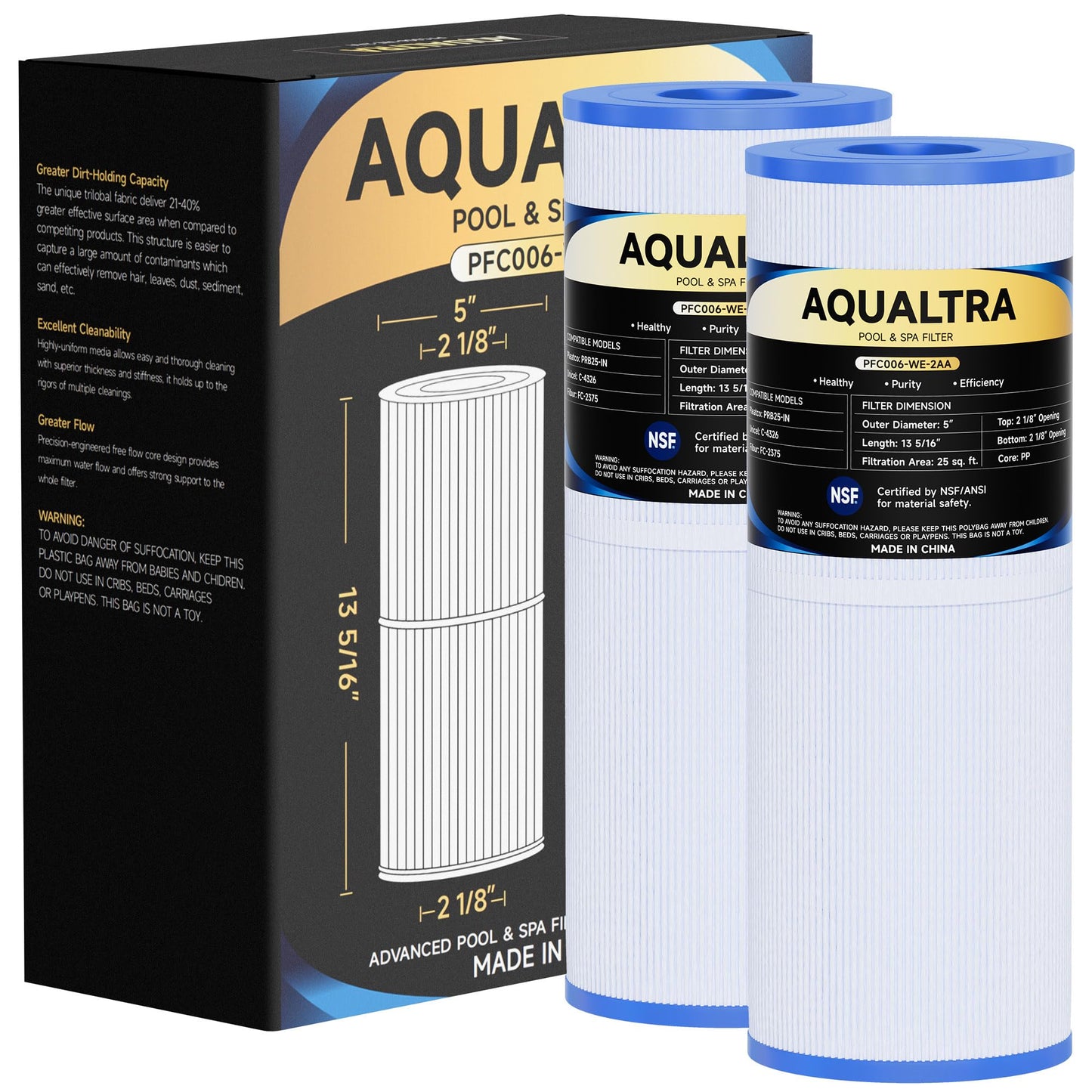 AQUALTRA Spa Filter Replacement Compatible with PRB25-IN, C-4326, FC-2375, FC-2370, 3005845, 17-2327, 100586, 33521, 25392, 817-2500, Guardian 413-106, 13 5/16" x 5" Drop in Hot Tub Filter 2 Pack