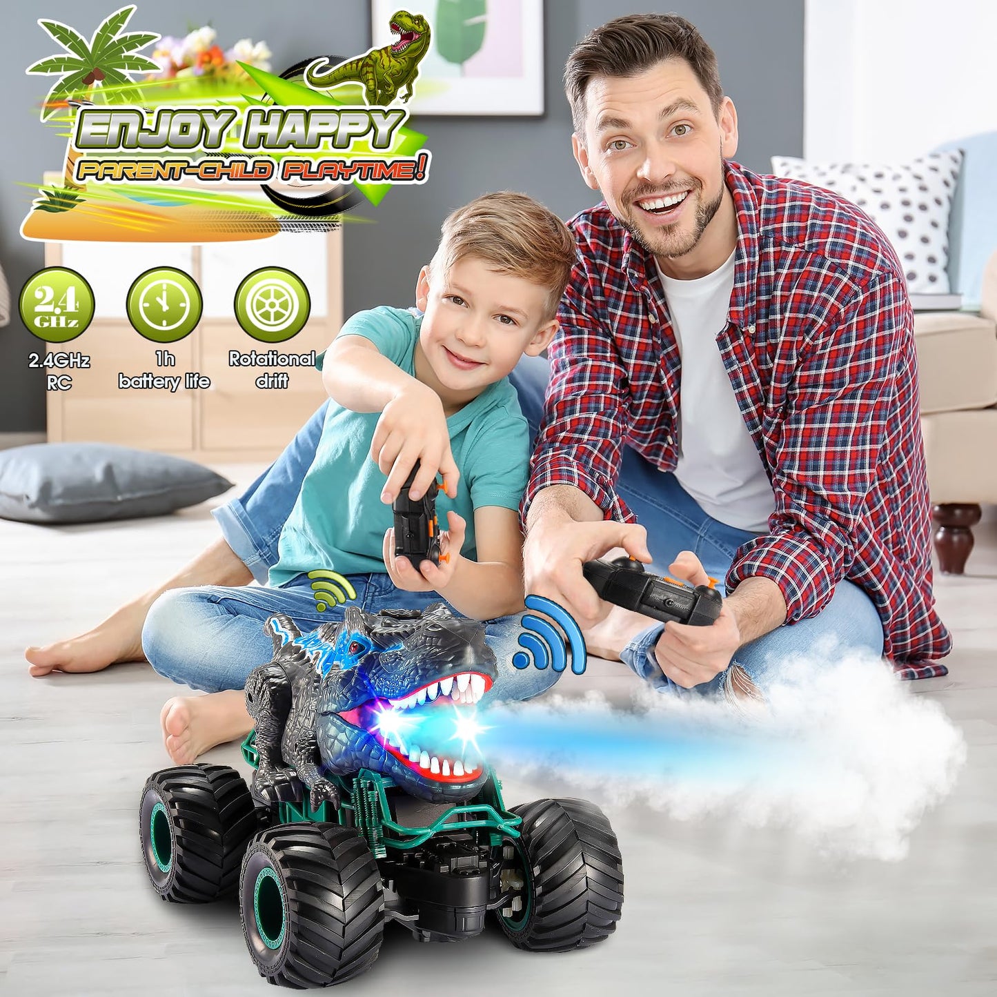 Dinosaur Toys Monster Trucks for Kids, Chardfun Remote Control Cars for Kids Age 3-10 Dinosaur Monster Toys for Boys 4-7 with Light & Sound Spray Stunt Car for Kids Easter Gifts for Kids Boys