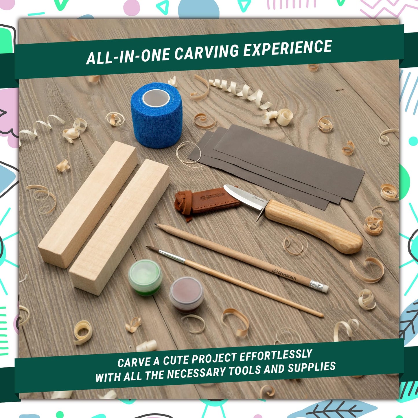 BeaverCraft Wood Carving Kit for Kids DIY 08 - Whittling Kit for Beginners - Hobby Kits for Boys – Whittling Set Includes Safety Wood Carving Knife for Kids, Basswood Blocks