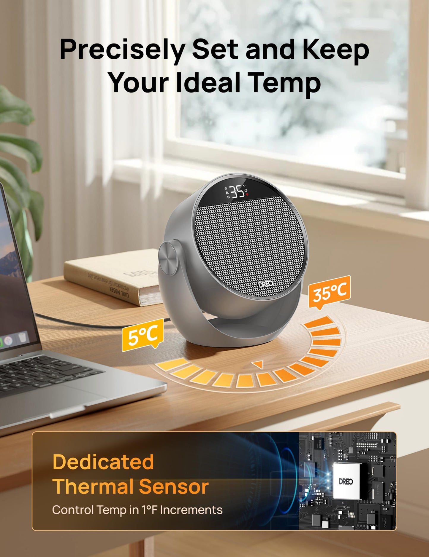 DREO Space Heater 1500W, 60° Adjustable Tilt, 10.5ft/s Portable Electric Heaters for Indoor Use with Thermostat, 8 Safety Protections, 3 Modes, Remote, Quiet Desk Heater for Bedroom, Office, Gray