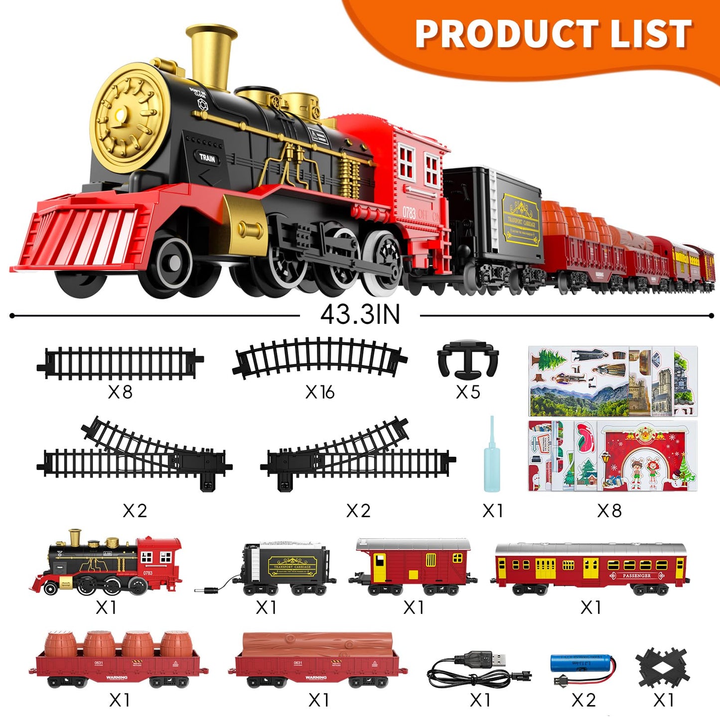 BLmukce Train Set, Kids Electric Train Toy for Boys 4-8 with Smoke, Lights & Sound, Toy Train Set with Chrimastmas Stickers, Toddler Model Birthday Gifts for Boys & Girls (43.3 in)