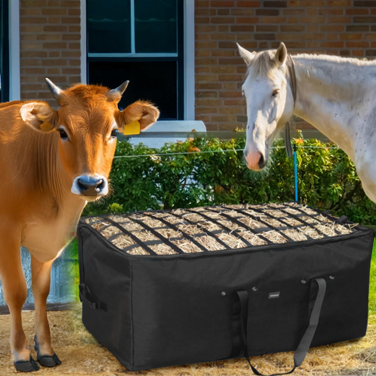YUNPHDA Hay Bale Bag, 44x18x22inch Extra Large Hay Bag with Top Slow Feed Design for Horses Goats Sheep Donkey,Premium Oxford Heavy Duty Hay Bale Storage Bag for Barn Stable (Black)