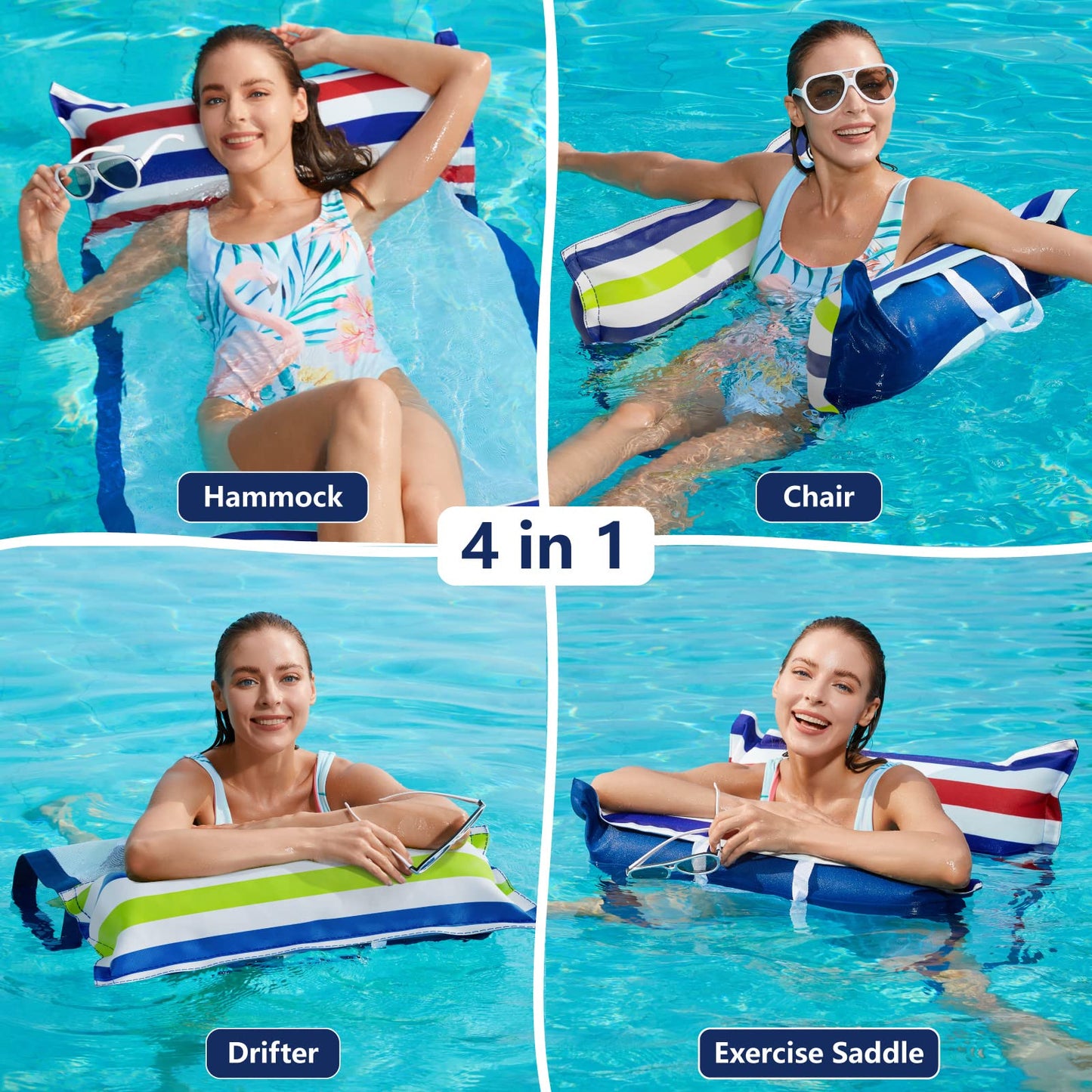 Jasonwell Inflatable Pool Hammock Float - 2 Pack Water Floaties Multi-Purpose (Saddle Lounge Chair Hammock Drifter) 4 in 1 Lake Beach Floating Loungers Swimming Pool Floats Toys for Adults