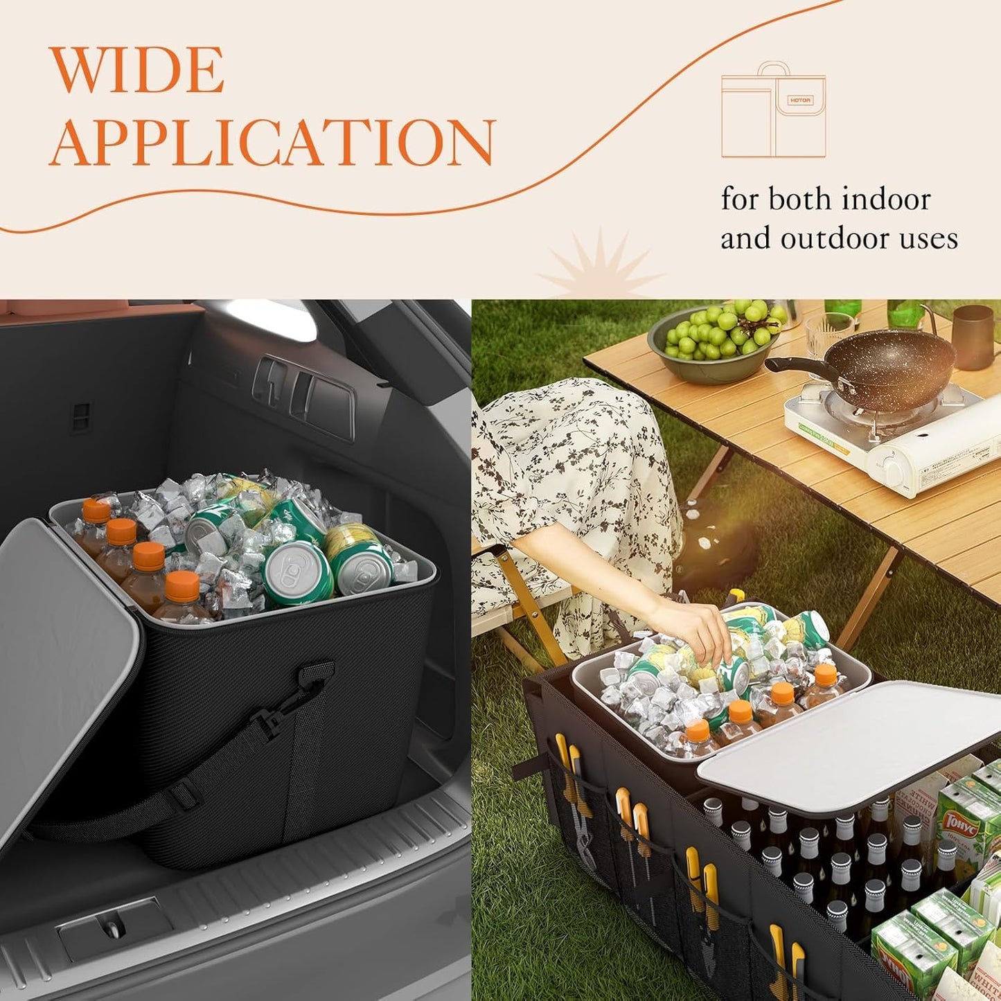 HOTOR Car Trunk Organizer for SUV - Large Car Organizer with Removable Car Cooler, 3 Compartments and 8 Pockets for Car Accessories, Foldable Design & Adjustable Straps, Black, 78.5 x 32.0 x 27.0 cm