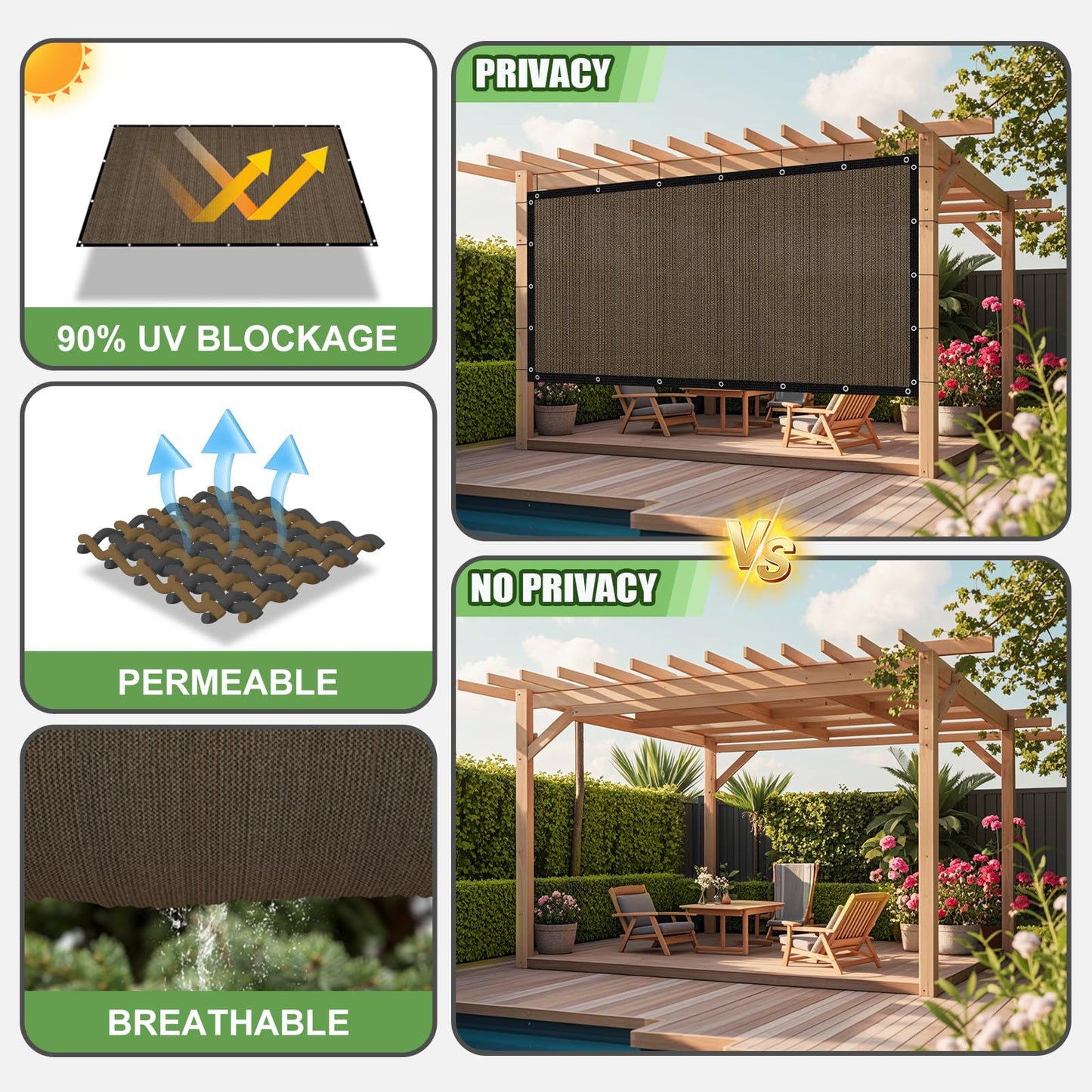 BELLE DURA 90% Outdoor Sun Shade Cloth, 6'×12' Pergola Shade Cover with Grommets, Privacy Screen Sunshades for Patio Garden Backyard Plant, Mocha