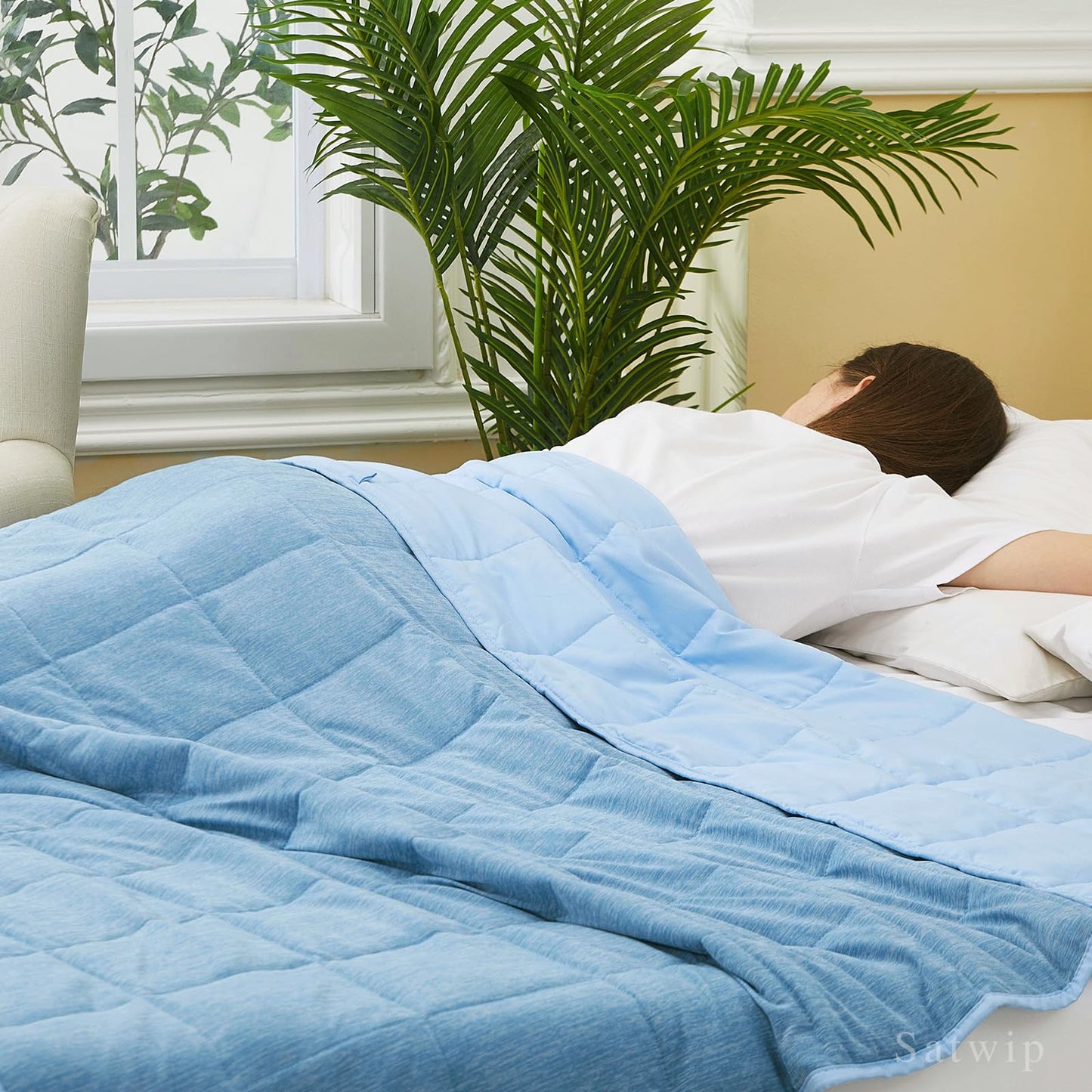 Weighted Blanket Queen Size Cooling - Satwip 15 lbs Cool Moire Jersey Bed Blanket for Hot Sleeper with Soft Breathable Sanded, 60 x 80 inches, Blue
