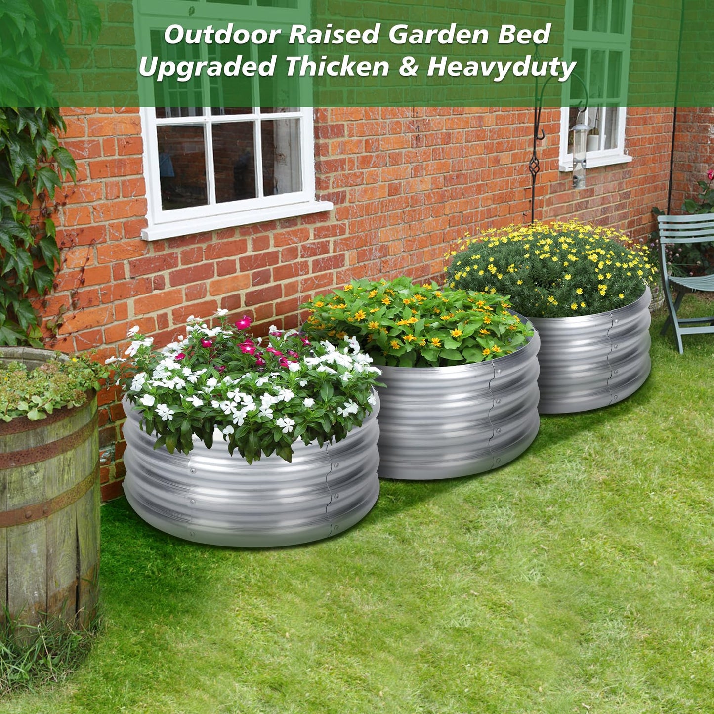 PINPON 2 Pack 2x2x1ft Round Galvanized Raised Garden Bed Outdoor, Silver Metal Planter Box for Vegetables, Herbs, Flowers