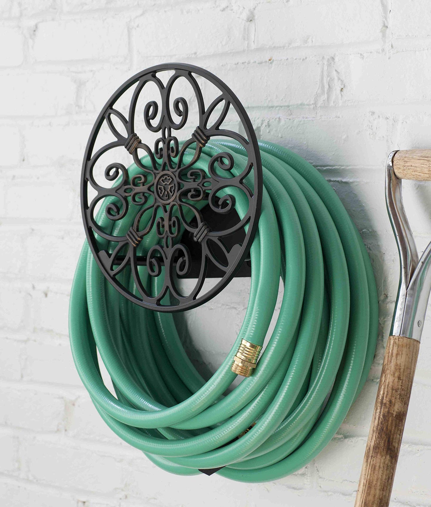 Liberty Garden Products 670 Decorative Anti-Rust Cast Aluminum Wall-Mounted Garden Hose Butler/Hanger with 125-Foot Capacity, Antique Patina Finish