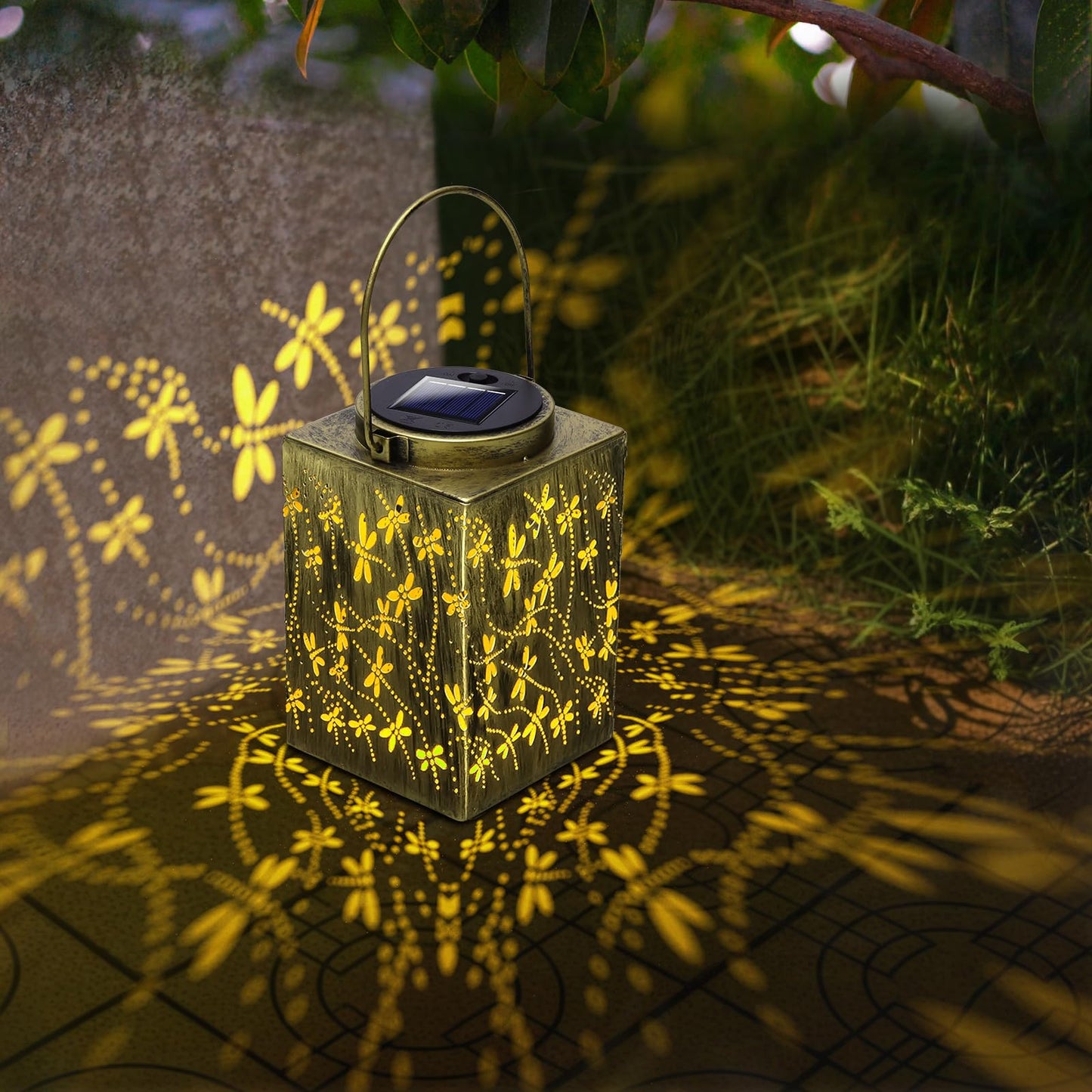 YWYWLED 2 Pack Solar Lanterns - Waterproof Metal Hanging Solar Lights Outdoor Decorative, Solar Powered LED Lamp for Patio Tabletop Porch Deck Yard Garden Decor for Outside (Dragonfly)