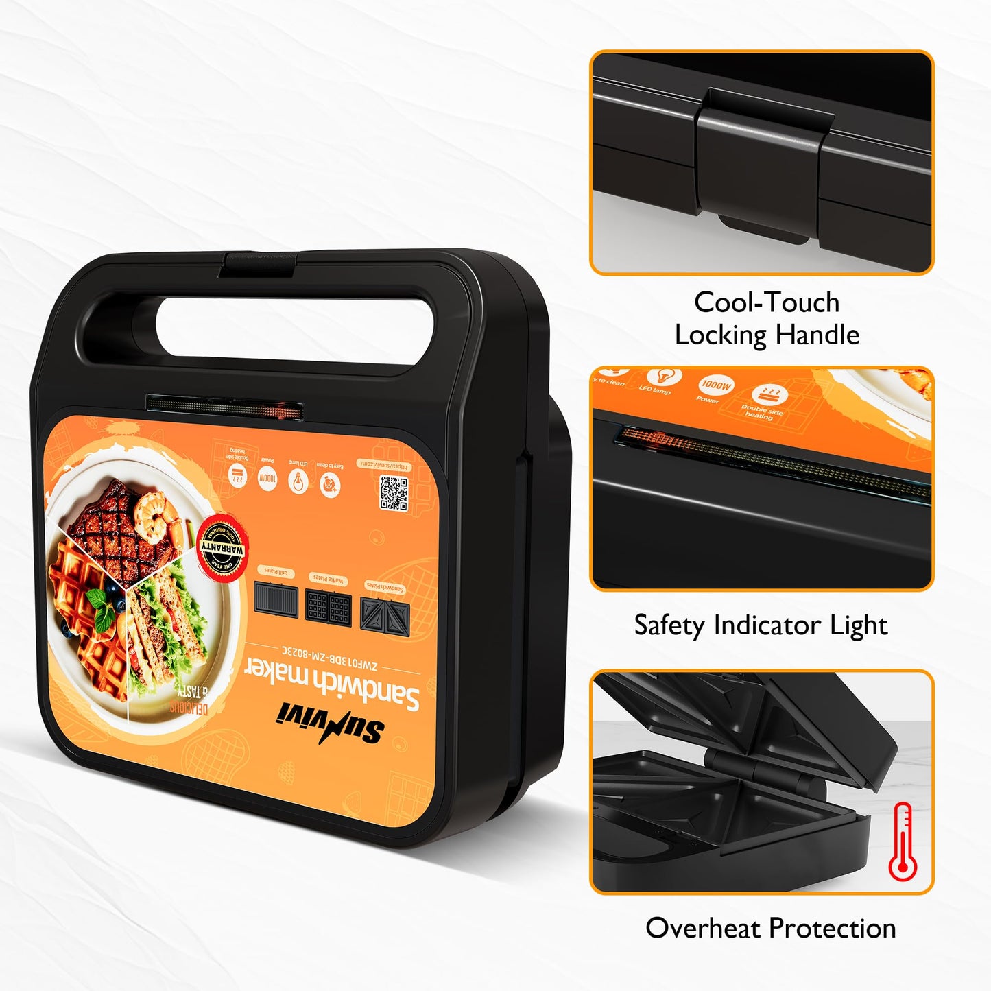 Sunvivi 3 in 1 Sandwich Maker, Electric Waffle Maker with Removable Non-stick Plates, 1000W Panini Press Grill with Glass Top, Cool Touch Handle & Easy to Clean, Black
