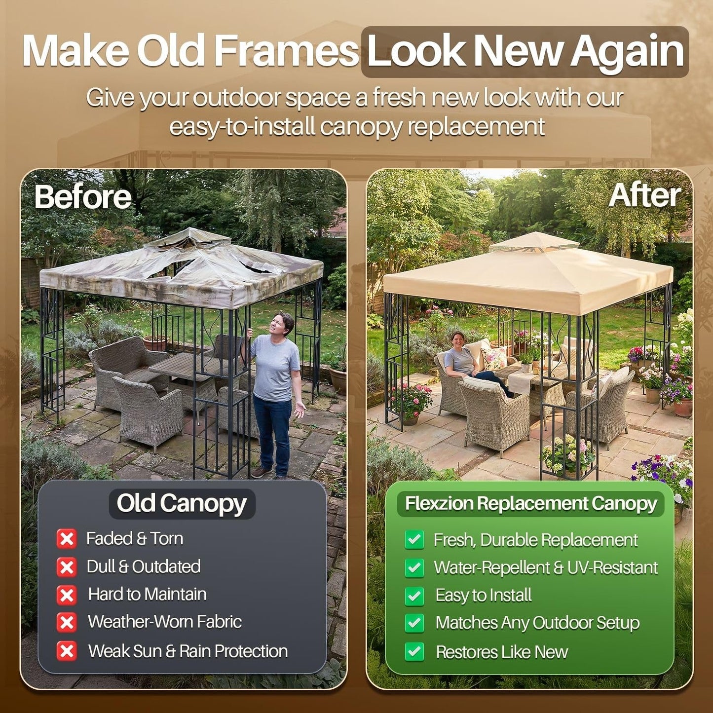 Flexzion Gazebo Cover Replacement Canopy Top 12x12 Ft (3.6m x 3.6m) - Double Tier Top Canopy Cover Replacement with UV30+, Dirt, Water Resistant for Outdoor, Sunshade, Garden, Patio, Pavilion (Beige)