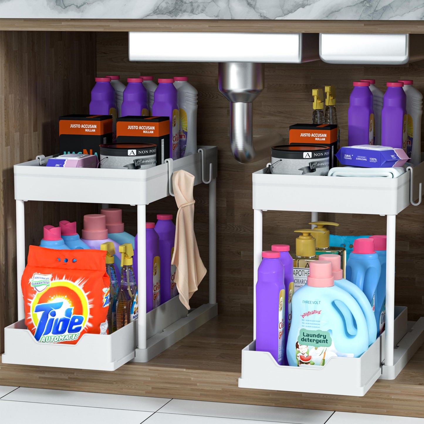 MEAFBIRD 2 Pack Under Sink Organizer, 2 Tier Bathroom Cabinet Organizer with Sliding Basket, Multi-Purpose Under Sink Organizers and Storage for Bathroom Kitchen (White 2)