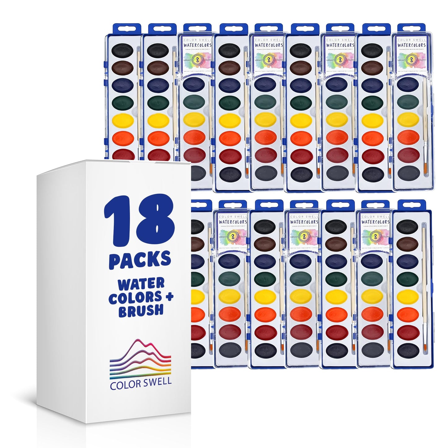 Color Swell Washable Bulk Watercolors Paint, 18 pack, 8 Colors, Wood Brush, Classroom Bulk Paint Pack - Bulk Watercolors