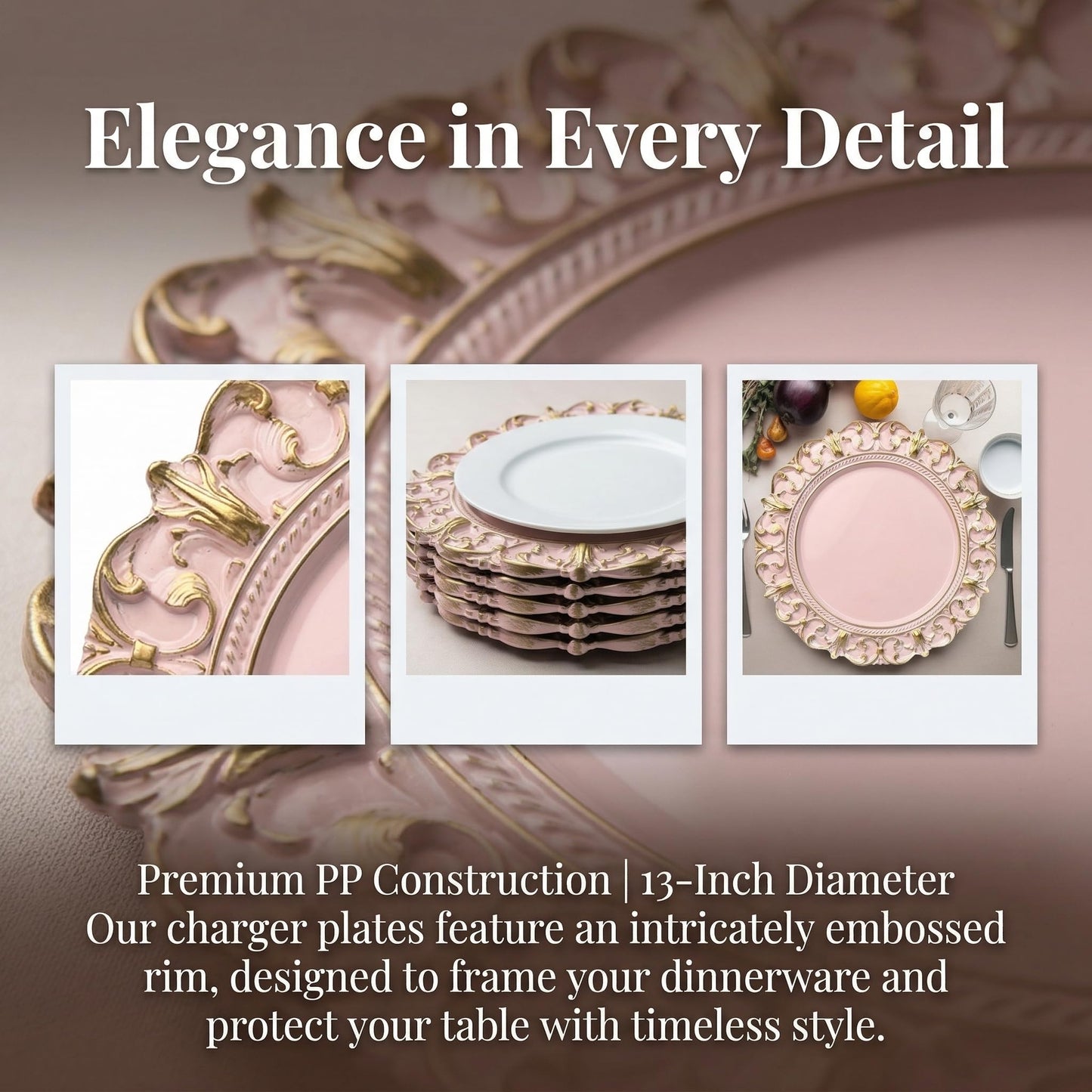 UOEKCS Pink Charger Plates, 13 Inch Plate Chargers for Dinner Plates. Set of 6 Plastic Embossed Charger for Dinner, Party, Wedding.