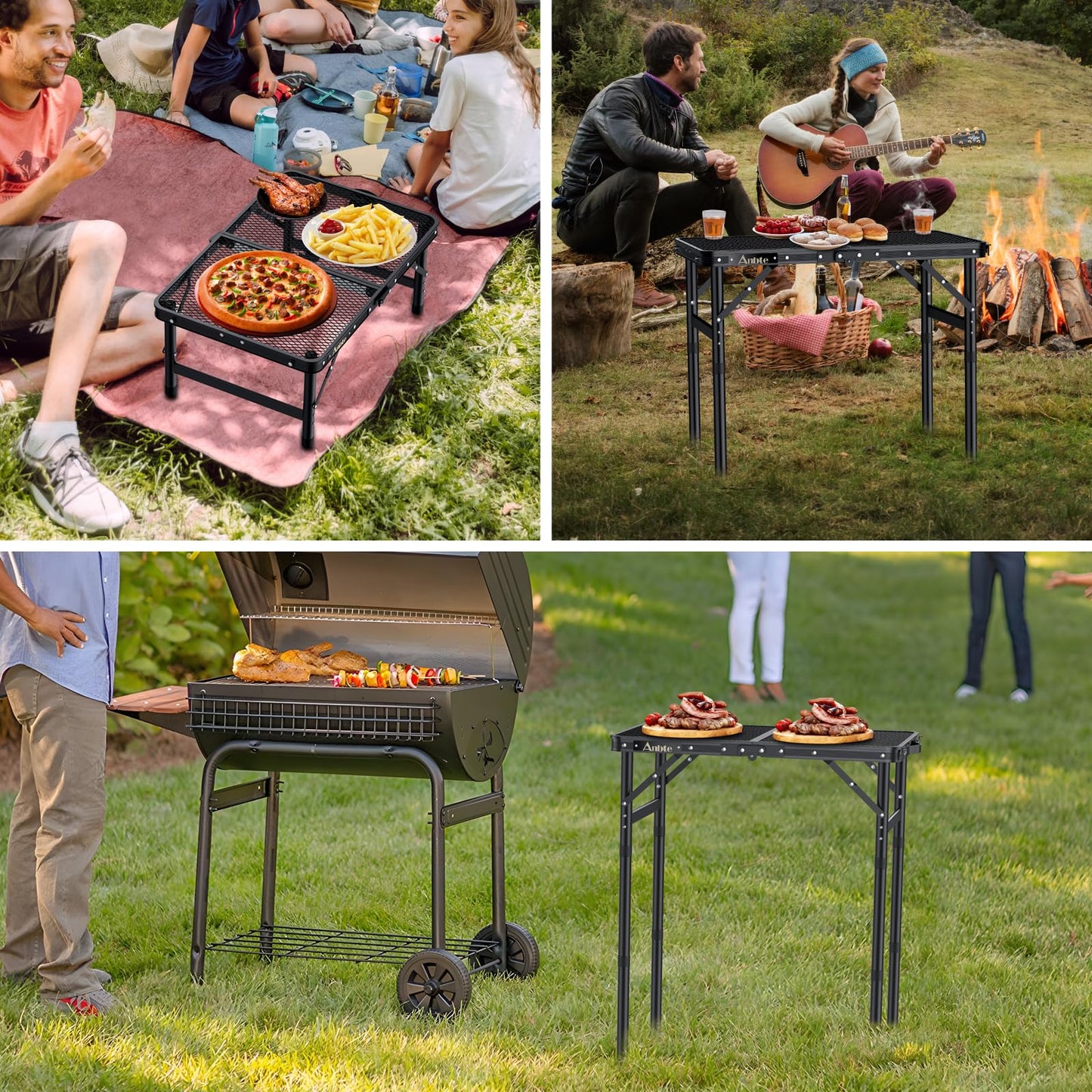 Anbte Folding Grill Table, Aluminum Camping Table Adjustable Height Max 27.5" Picnic Table Small Outdoor Table, Lightweight, Portable Handle for Travel Cooking BBQ Picnic, 22.8" x 16", Black