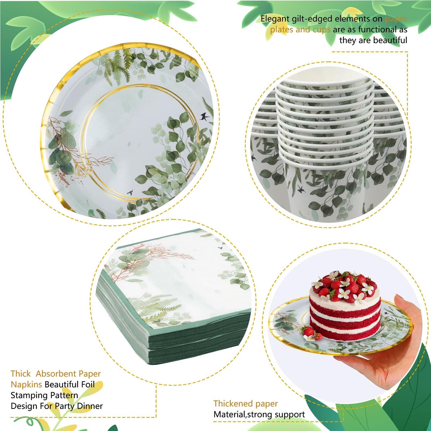 200 Pack Sage Green Plates and Napkins Party Supplies, Disposable Tableware Set, Eucalyptus Plates, Cups, Napkins for Wedding Bridal Baby Shower Birthday Party