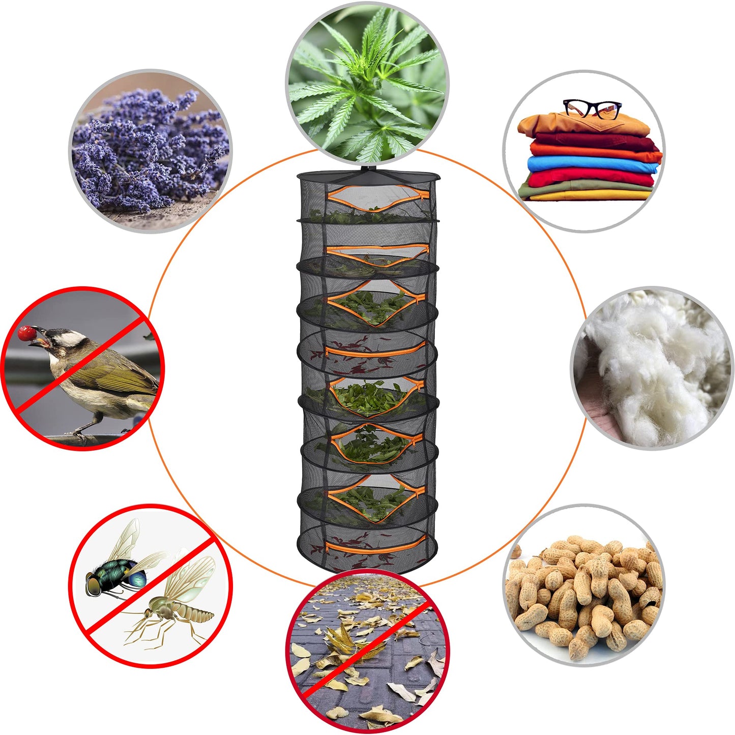 Desy & Feeci 8 Layer Herb Drying Rack- Folding Mesh Hanging Basket Dryer Net with Orange Zippers for Flowers Buds Plants Garden Outdoor Bumper Harvest