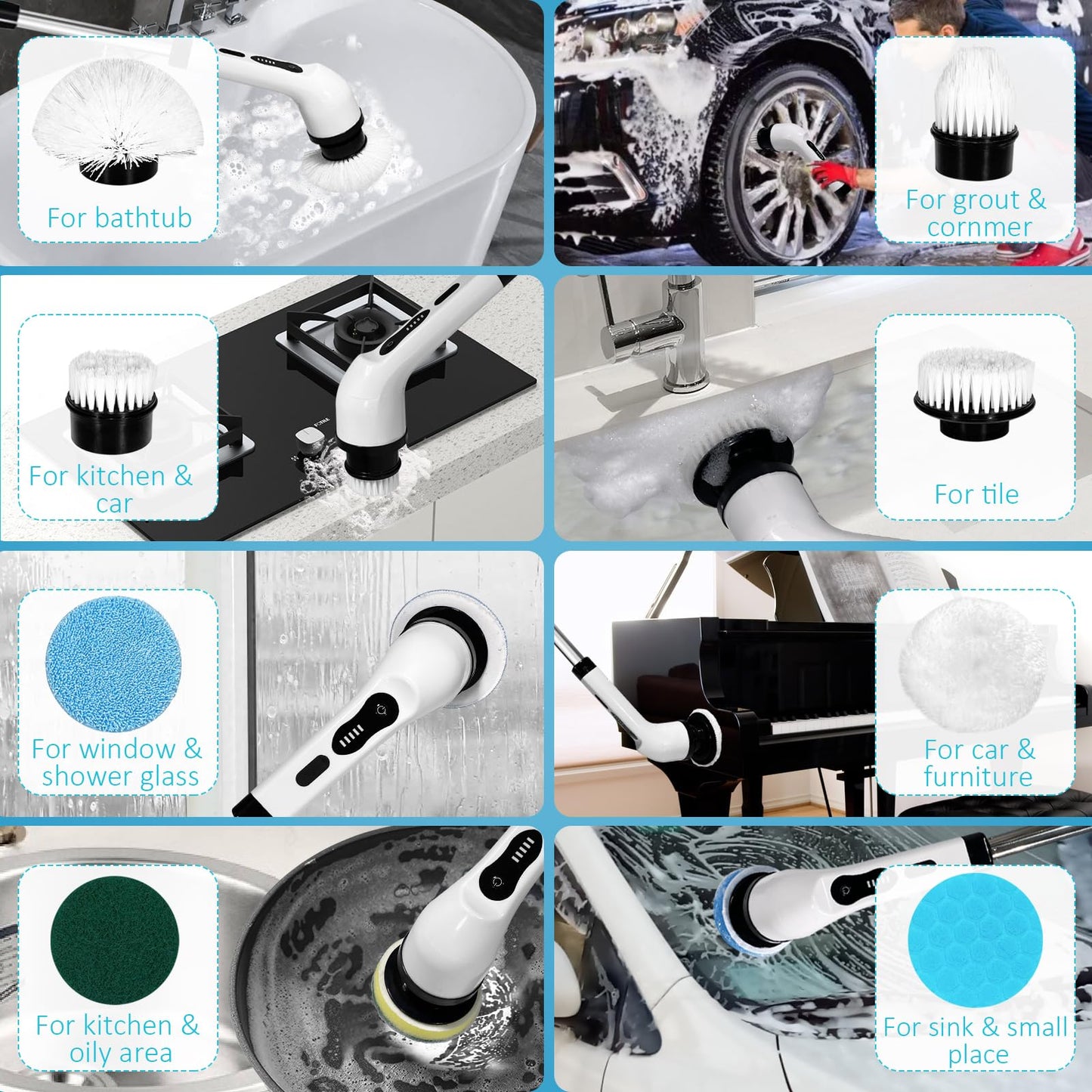 Electric Spin Scrubber, Electric Cleaning Brush Comes with 9 Different Replacement Heads and Removable Telescopic Pole,Electric Bathroom Scrubber for Floor, Tile, Kitchen, Tub, Car.