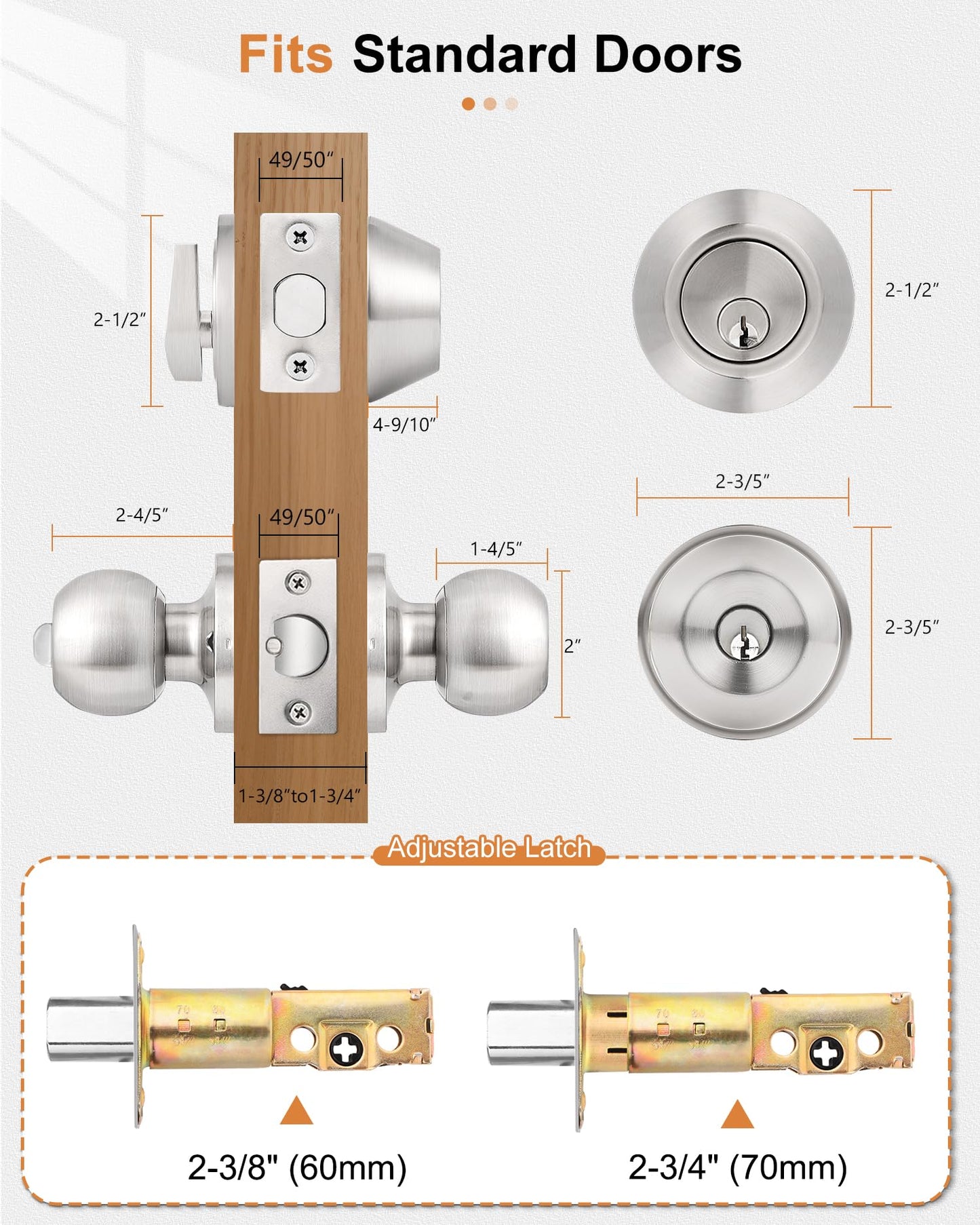 Probrico 2 Sets Front Exterior Door Knob Set with Single Cylinder Deadbolts Satin Nickel,Round Entry Door Knobs with Dead Bolts Combo Pack, Keyed Alike Door Hardware, Contractor Pack